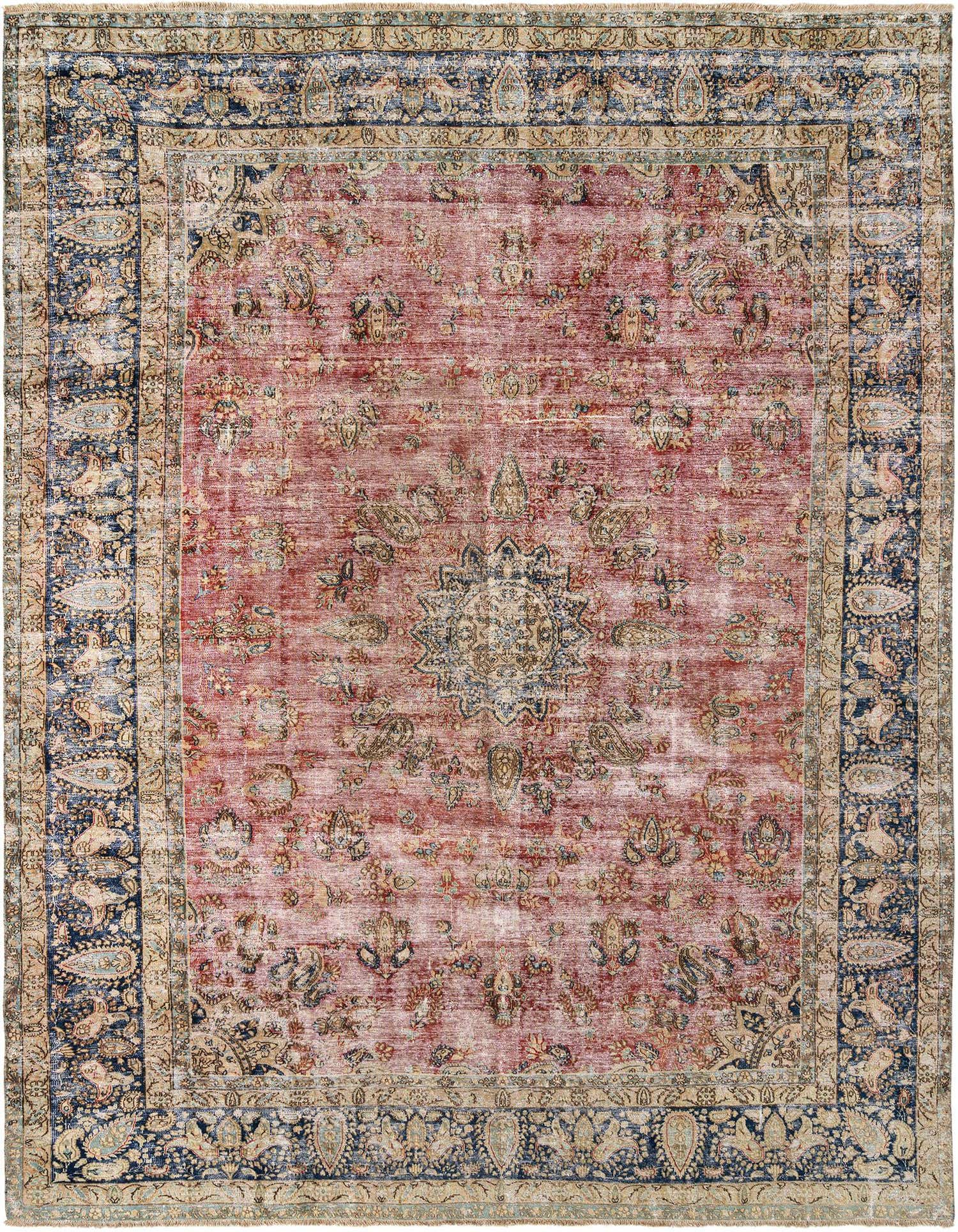 A 9x12 rectangular red Persian rug with a faded, distressed look and intricate blue and beige floral borders.