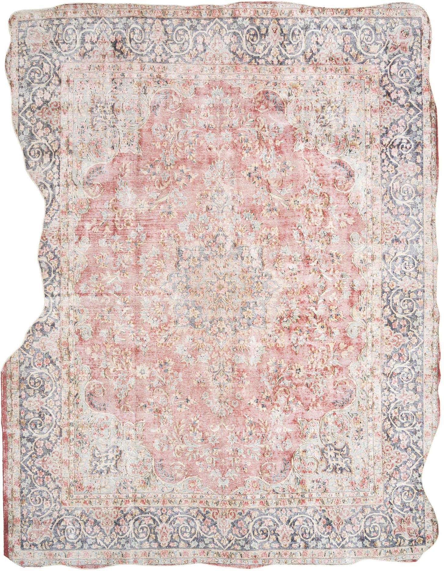 A 9x12 rectangular red Persian wool rug with an intricate faded floral pattern and a dark blue border.