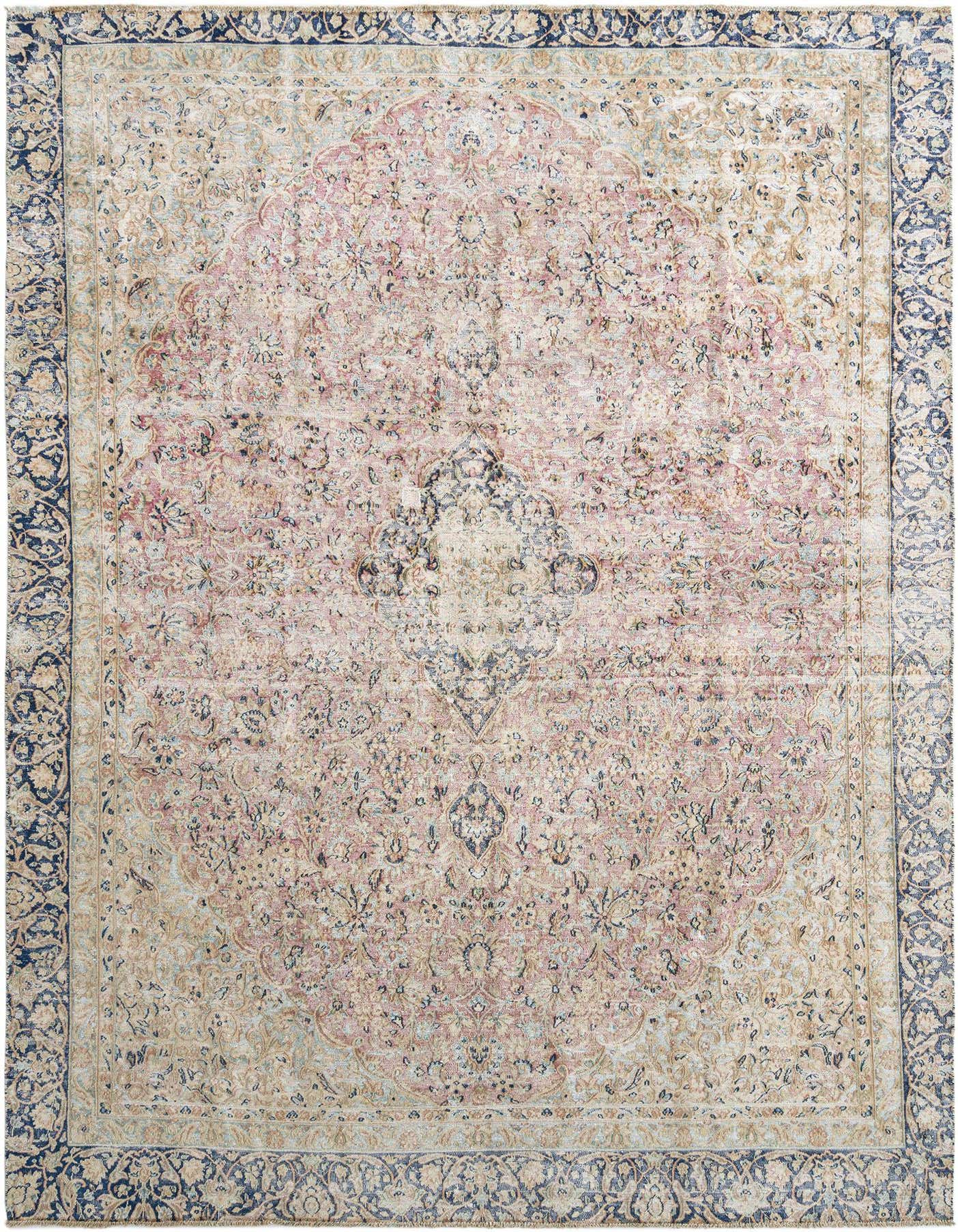 An 8x11 rectangular Persian rug with a faded red and beige medallion pattern and a dark blue border.