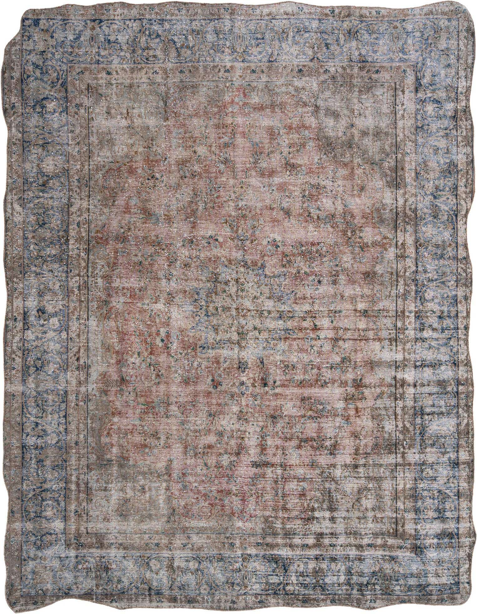 A 9x12 rectangular Persian rug with a faded red central field and a distressed blue and beige border.