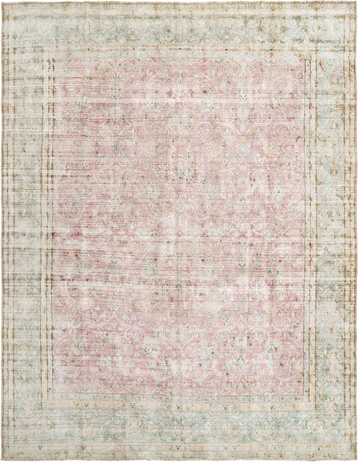 A 10x13 rectangular Vintage Royal Persian wool rug in faded red with a light blue and cream border, showcasing a distressed traditional pattern.