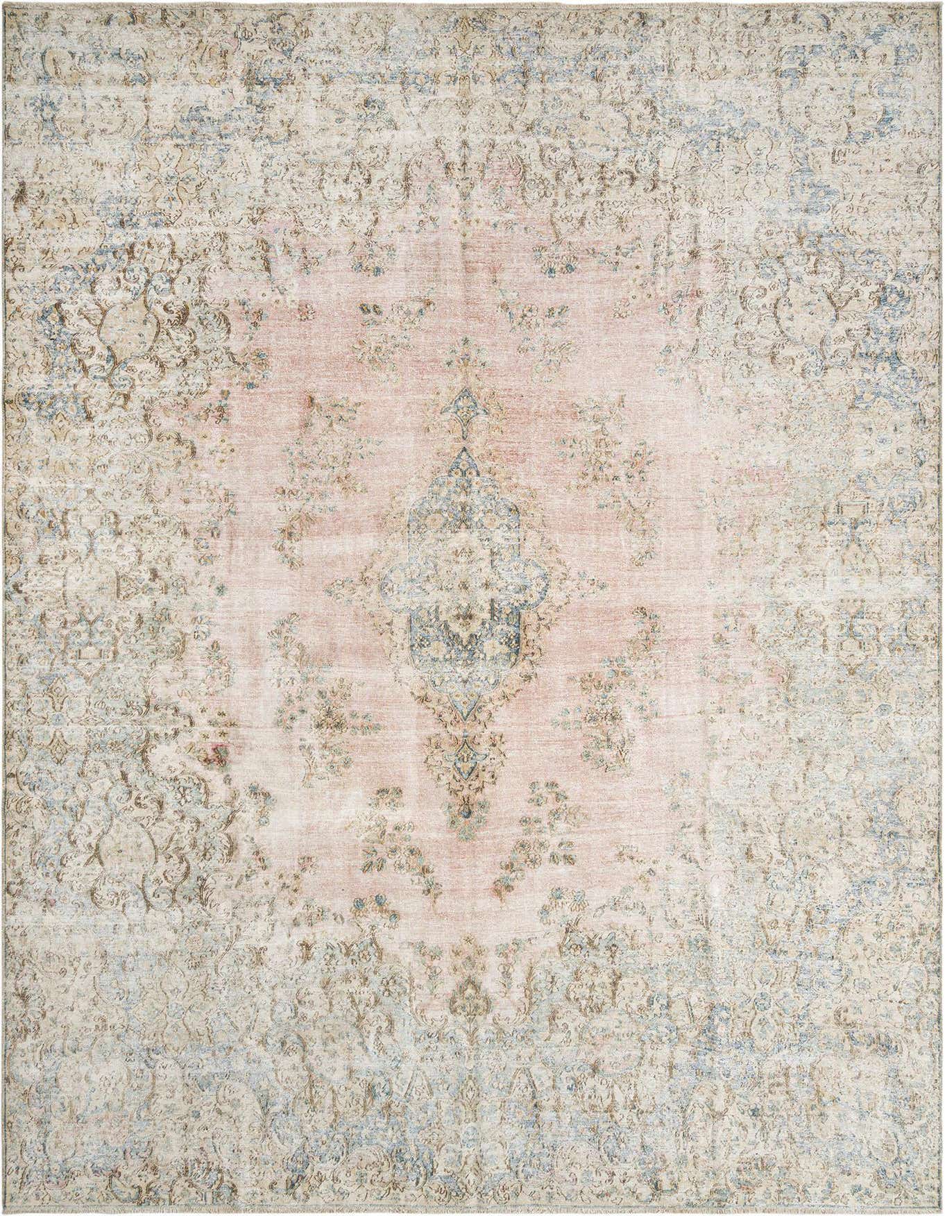 A 9x12 rectangular Persian rug with a faded red center and intricate blue and beige floral patterns.
