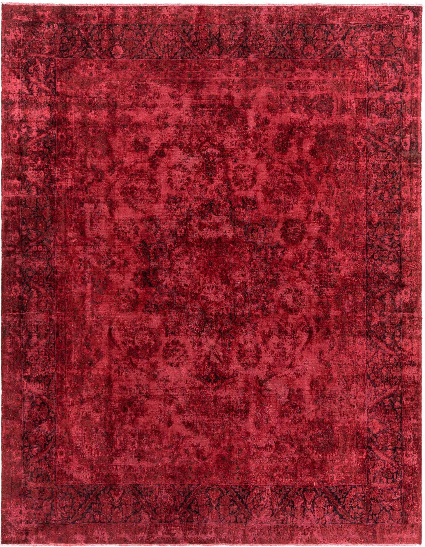 A 10x13 rectangular Rugs.com Vintage Royal Persian rug in rich reds with a distressed traditional pattern and intricate border.