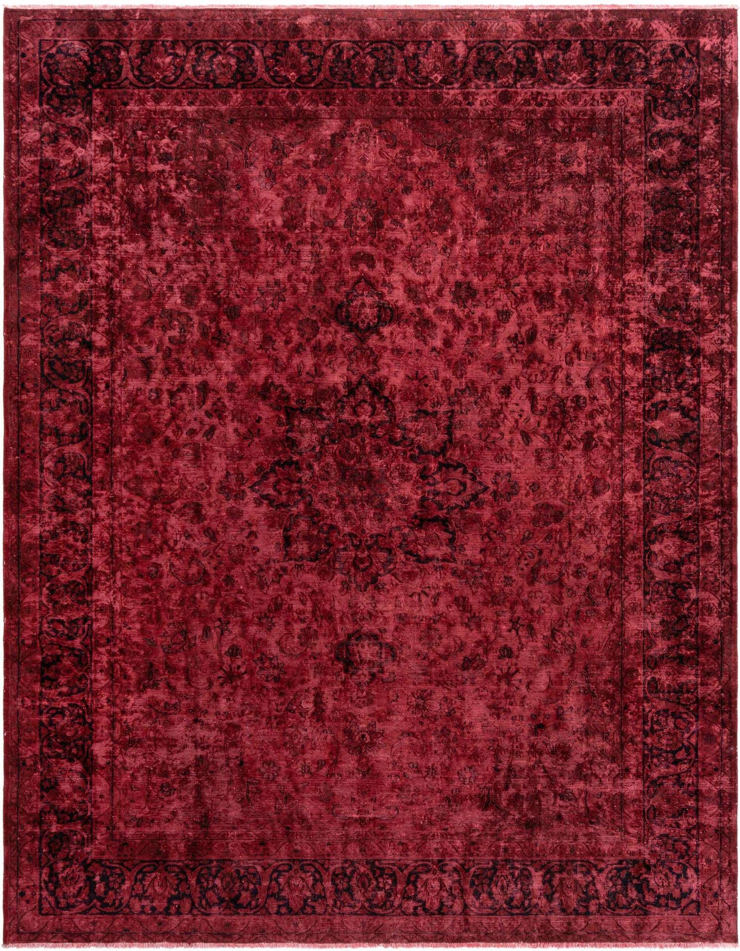 A 10x13 rectangular Vintage Royal Persian rug in deep red with intricate dark floral patterns and a bordered design, ideal for a living room.