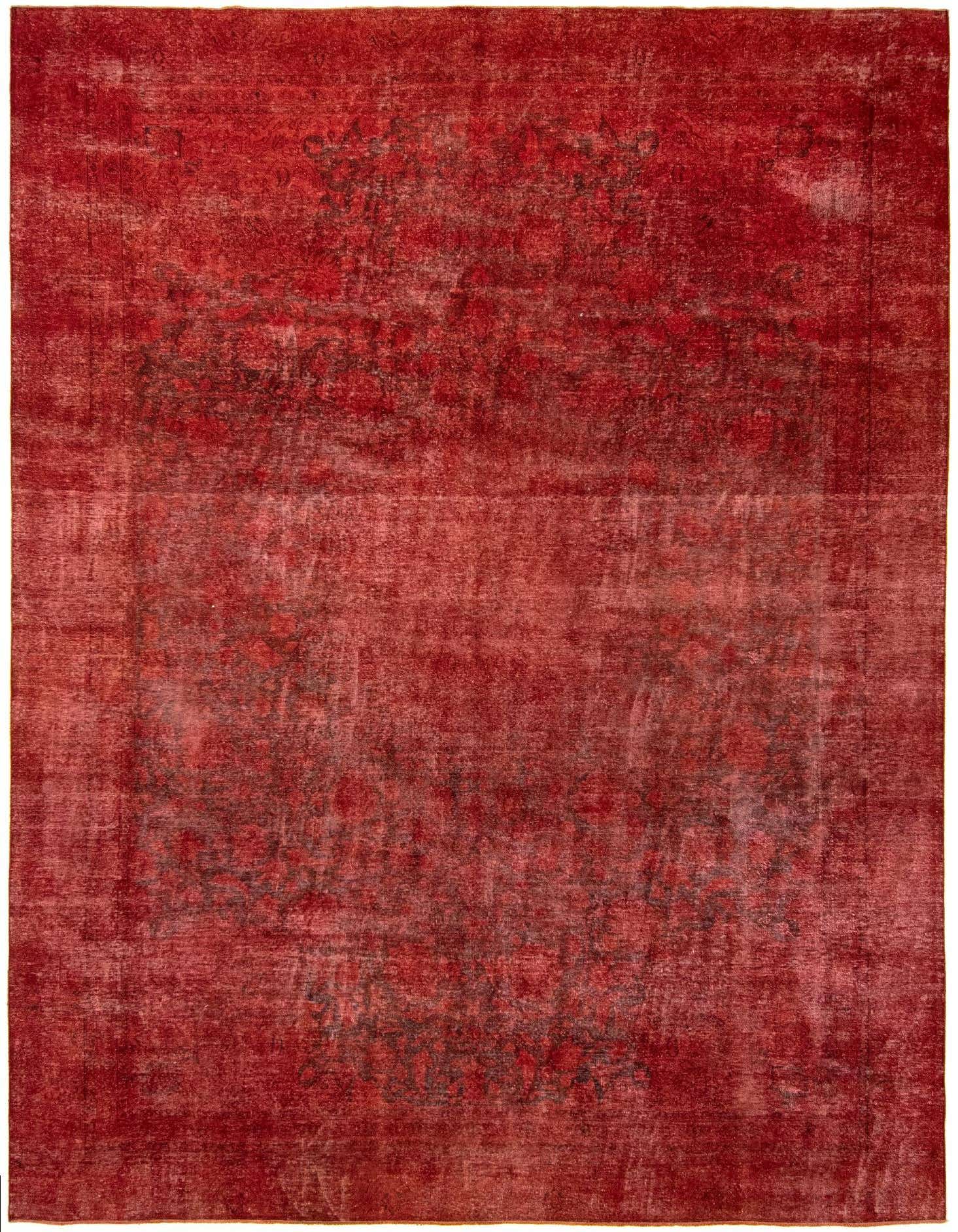 A large 9x12 rectangular red Persian rug with a distressed, faded traditional Oriental pattern, suitable for a living room.