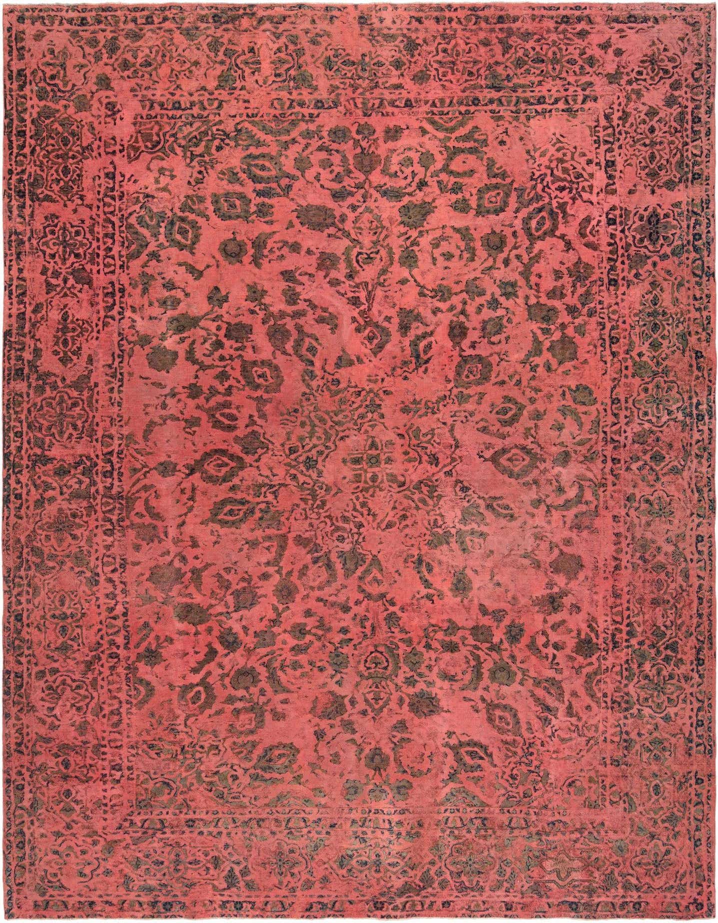 A 9x12 rectangular Persian rug in distressed red with an intricate dark floral and vine pattern, ideal for a living room.