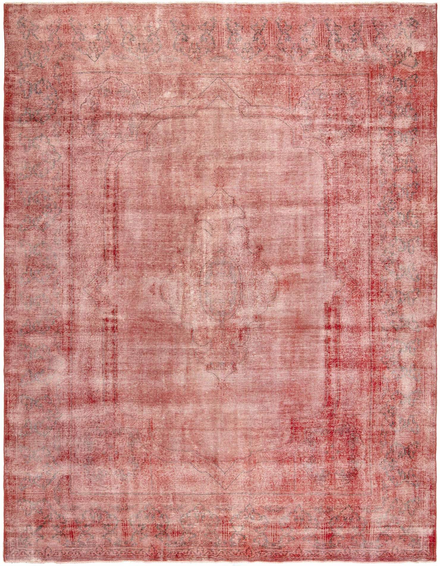 A large 10x13 rectangular red Persian area rug with a faded, vintage look and subtle traditional patterns.