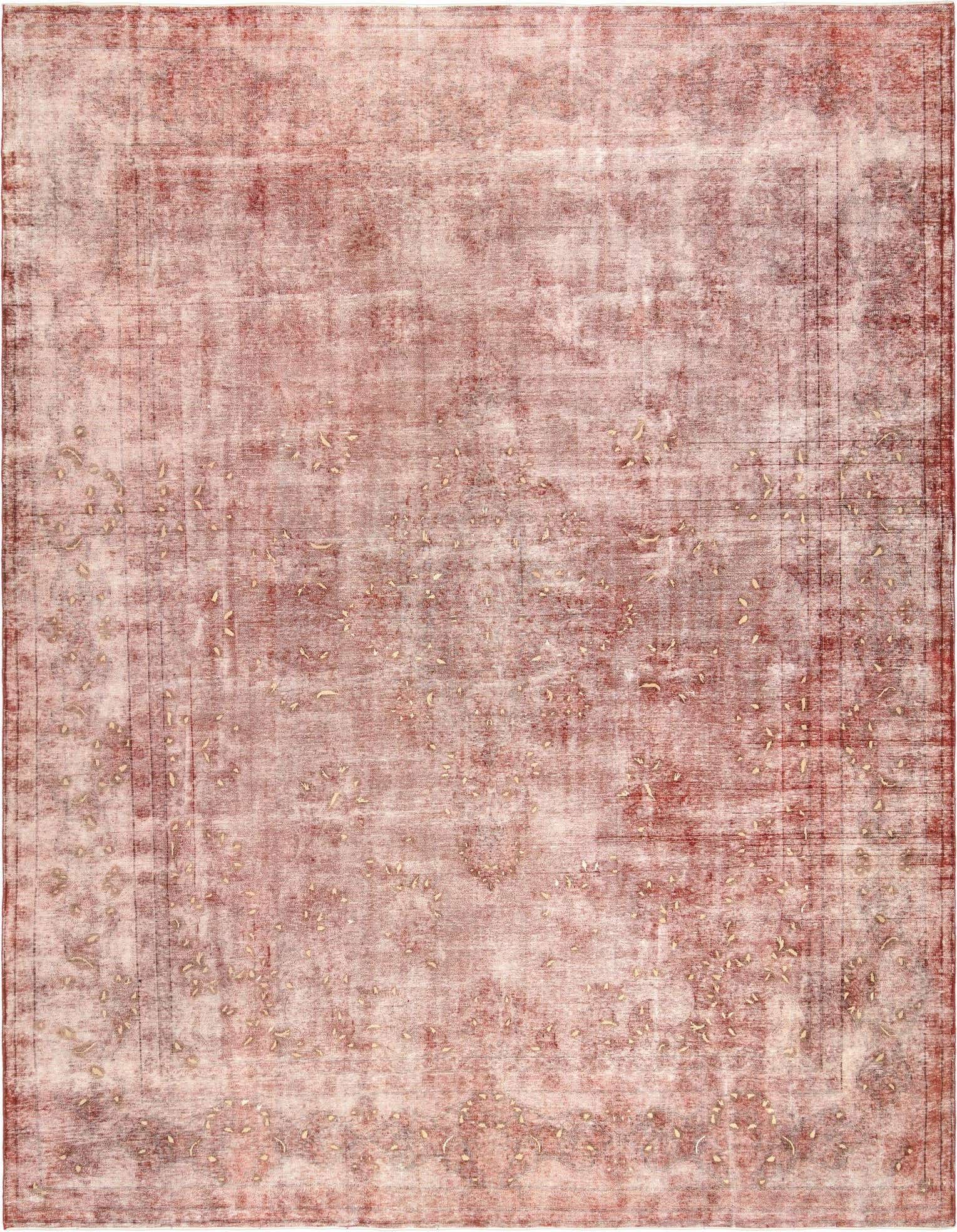 A 10x13 rectangular Rugs.com Vintage Royal Persian rug in faded reds with a distressed pattern, suitable for a living room.