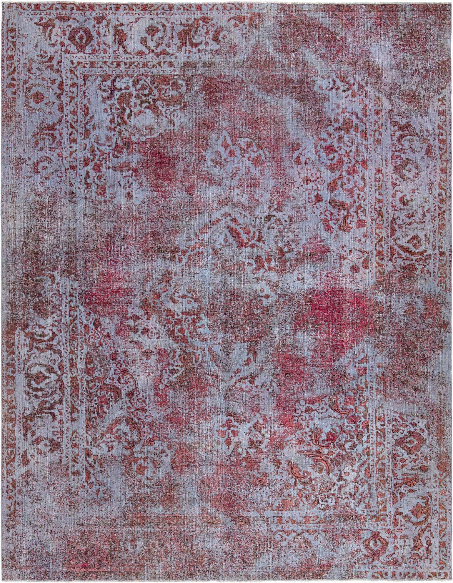 A 10x13 rectangular red Persian area rug with a distressed vintage look, featuring intricate traditional patterns in varying shades of red and subtle gray undertones.
