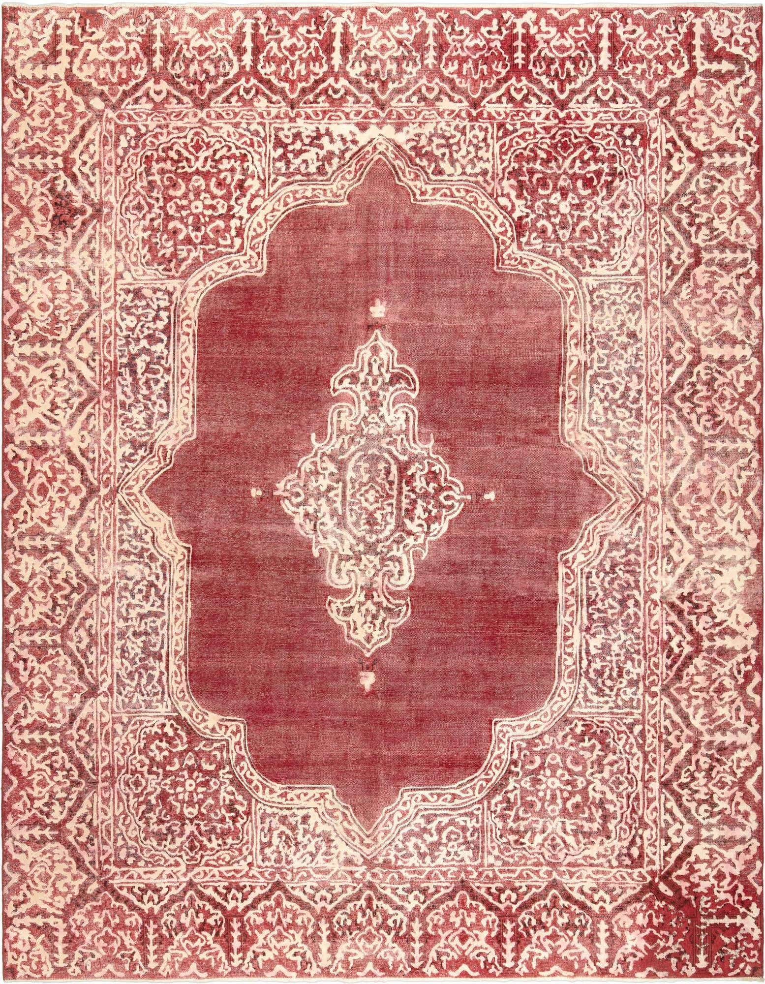 A 9x12 rectangular red Persian wool rug with an intricate faded medallion and border design.