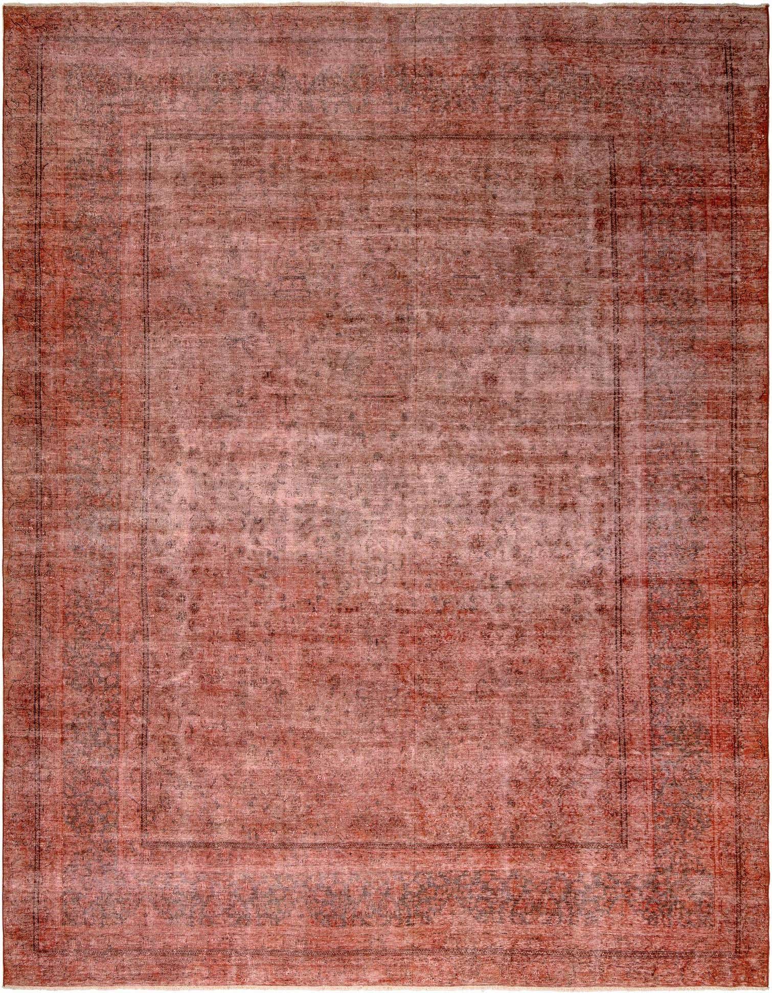 A 10x13 rectangular red Persian wool rug with a distressed, faded traditional pattern and border.
