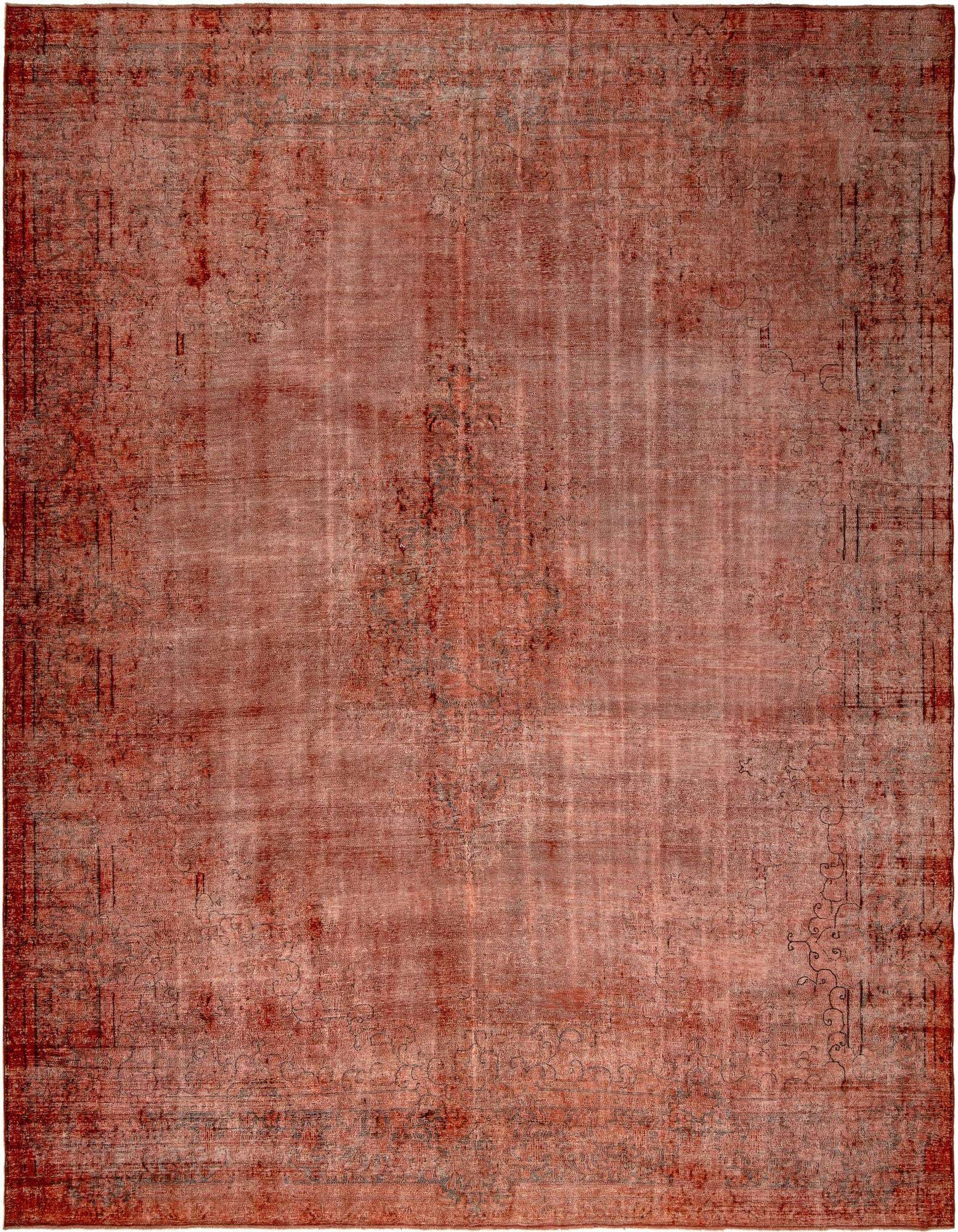 A 10x13 rectangular red Persian rug with a faded, distressed pattern, suitable for a living room or dining room.