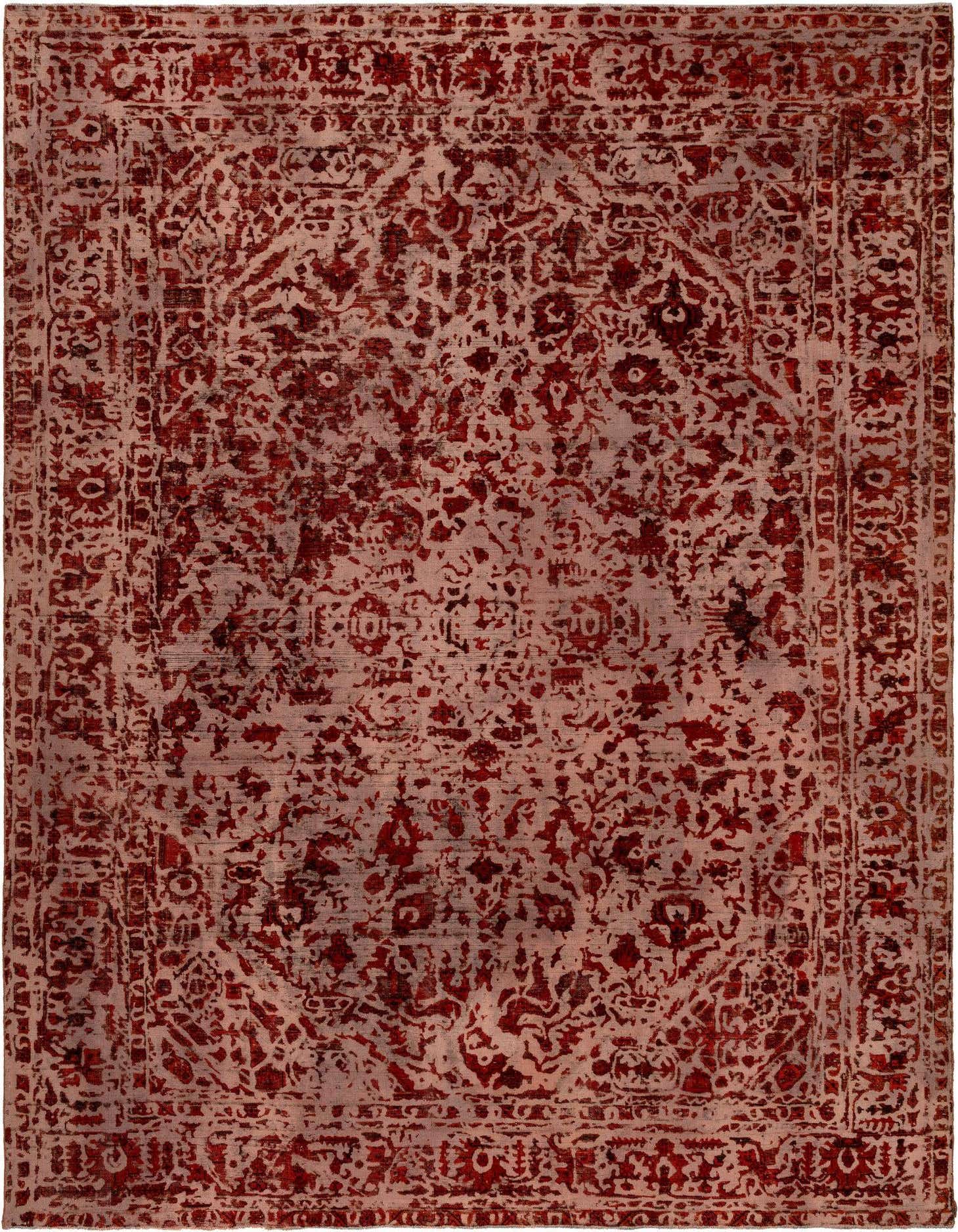 An 8x11 rectangular Vintage Royal Persian rug in shades of red with an intricate, distressed floral pattern.