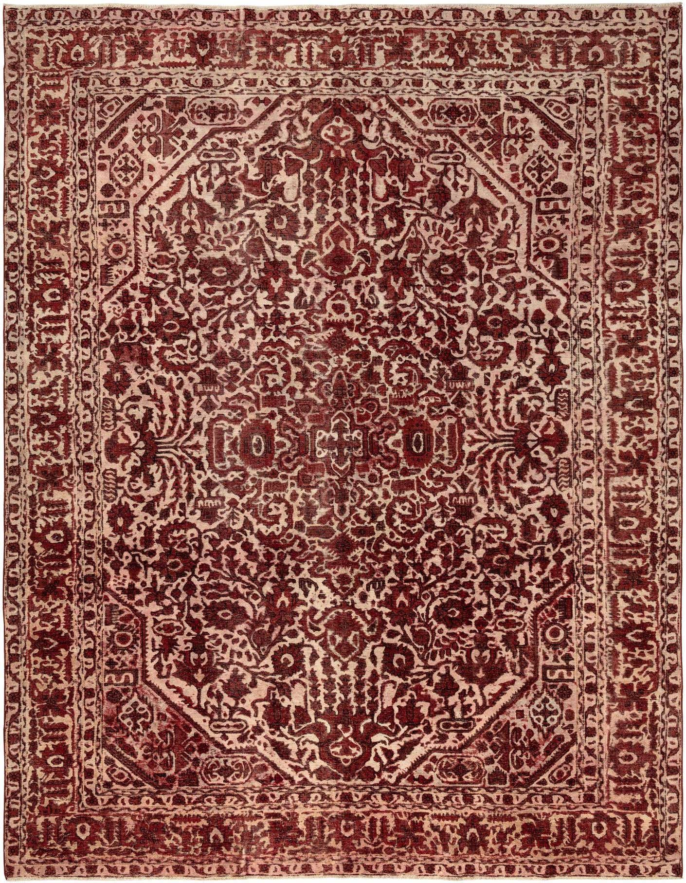 A rectangular 8x11 Vintage Royal Persian rug in rich reds and cream, featuring an intricate floral medallion pattern and ornate border.