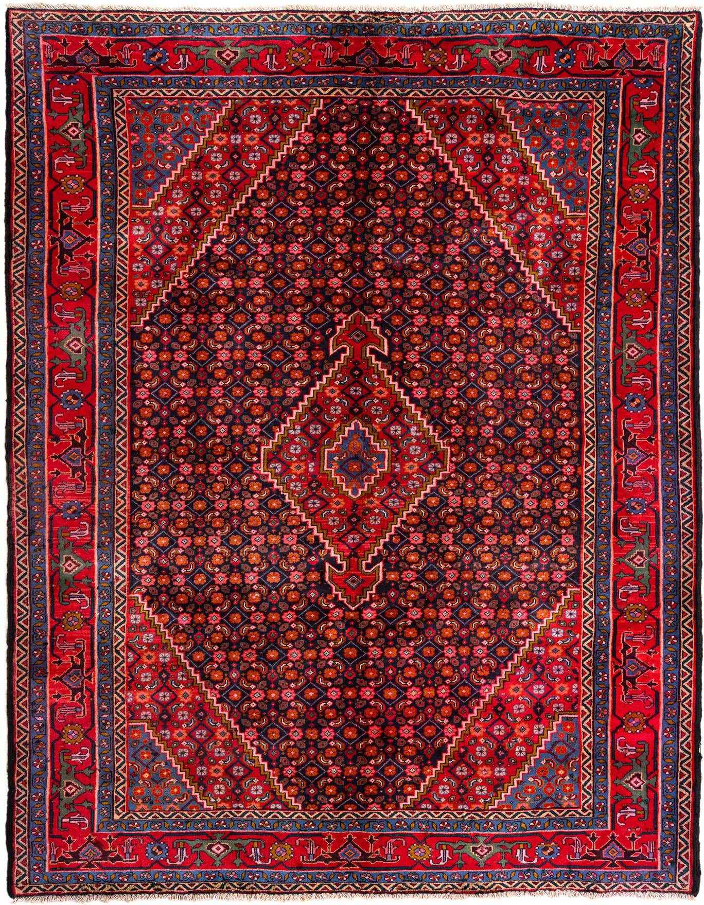 A 6x9 rectangular Viss Persian tribal rug in rich reds and blues with an intricate medallion pattern.