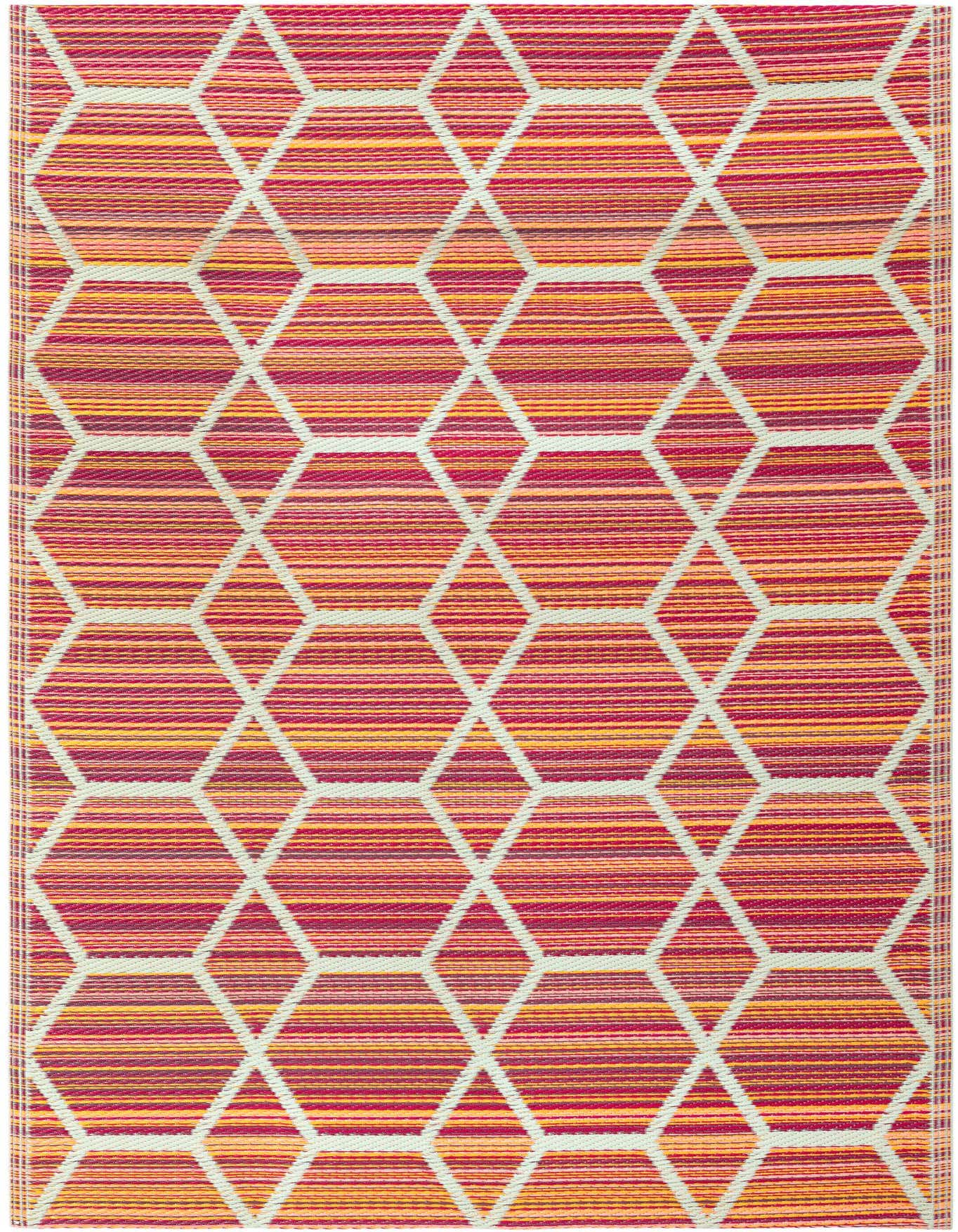 A 4x6 rectangular indoor/outdoor rug featuring a modern geometric honeycomb pattern in varying shades of red, orange, and yellow stripes.