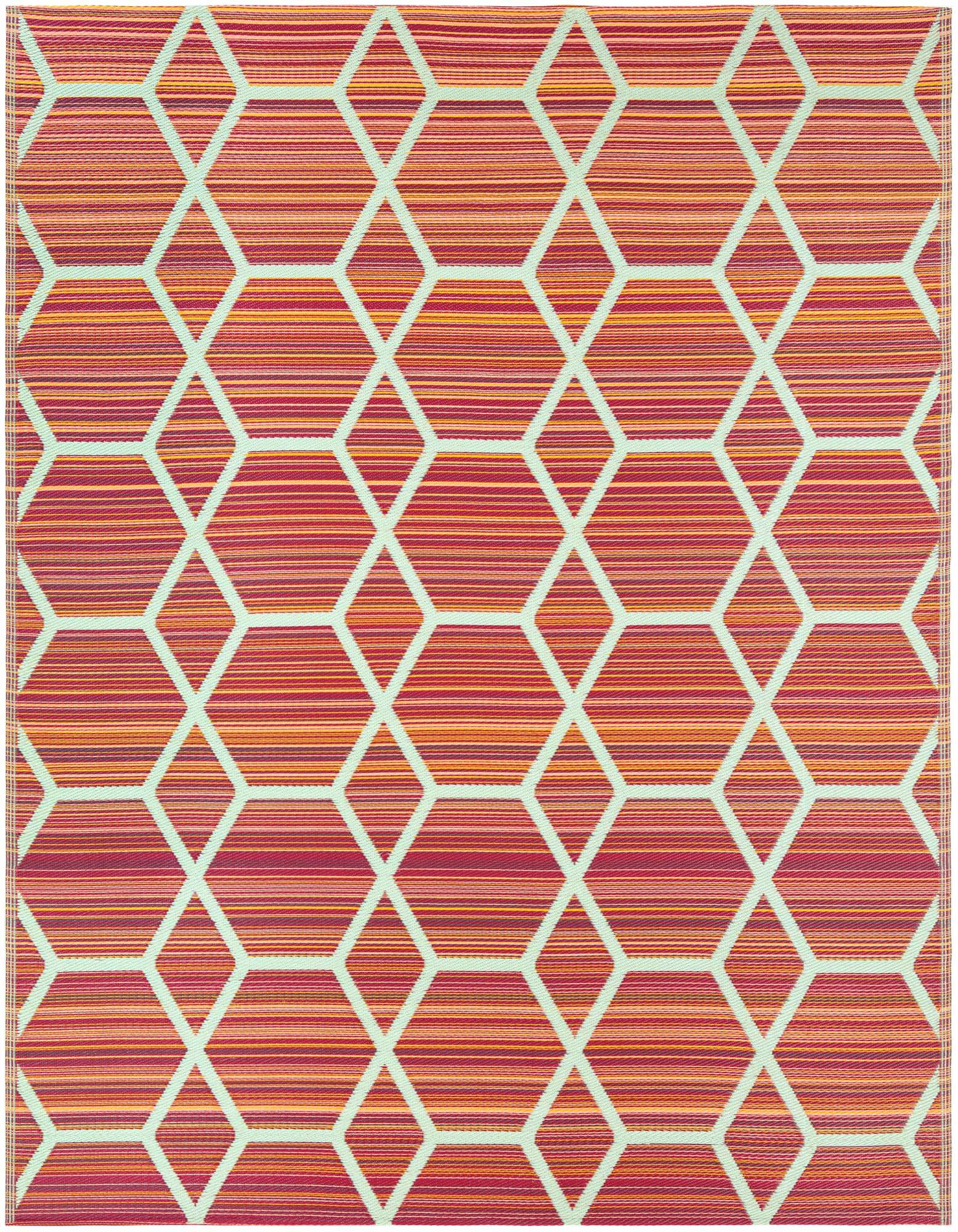8x10 rectangular red modern rug with a light green geometric honeycomb pattern, suitable for indoor/outdoor use.
