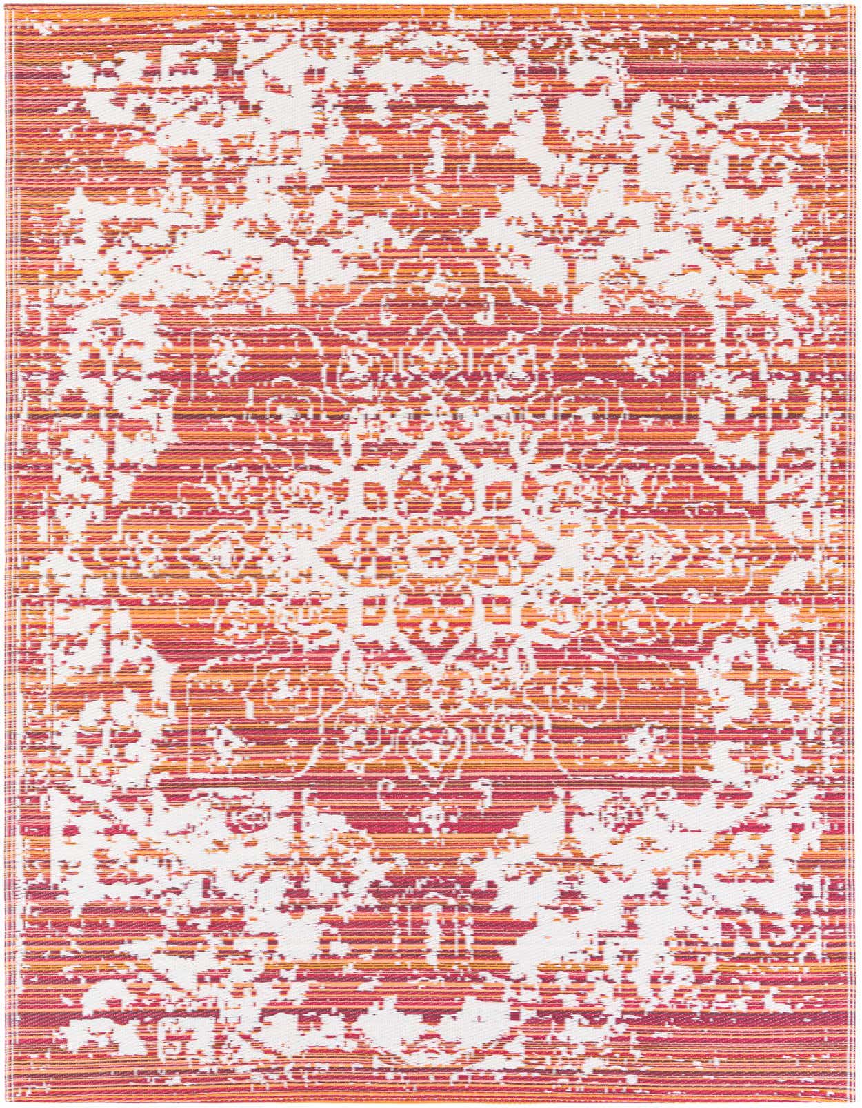 A 5x8 rectangular red and white indoor/outdoor rug with a distressed traditional medallion pattern.