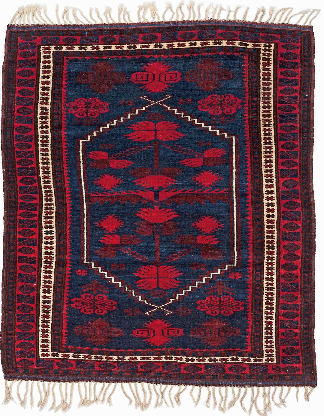 A handmade 3x5 rectangular Yagcibedir wool rug featuring a deep red traditional pattern on a rich blue background, with decorative borders and white fringe.