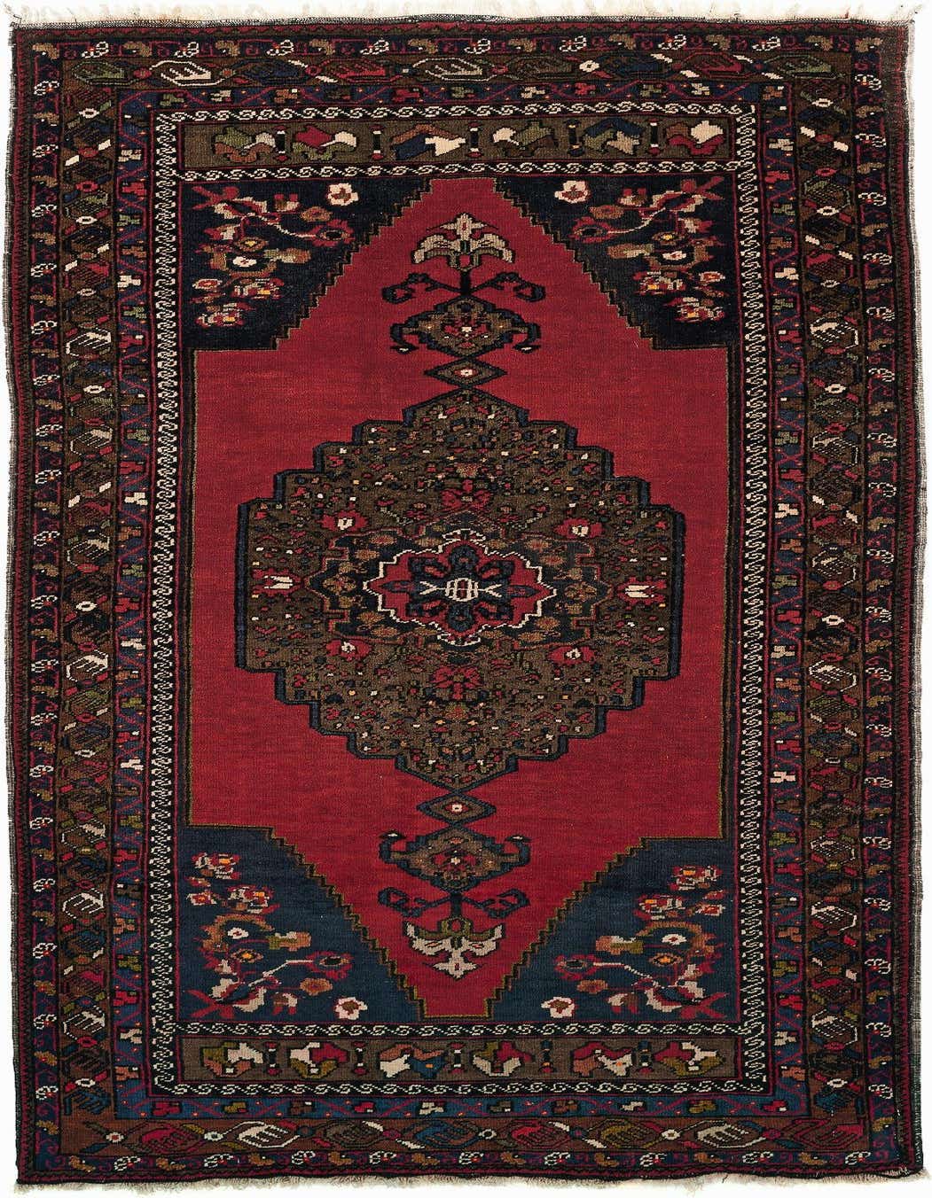 A 4x6 rectangular Yahyali rug featuring a vibrant red field with intricate traditional patterns in navy, brown, and multi-colors.