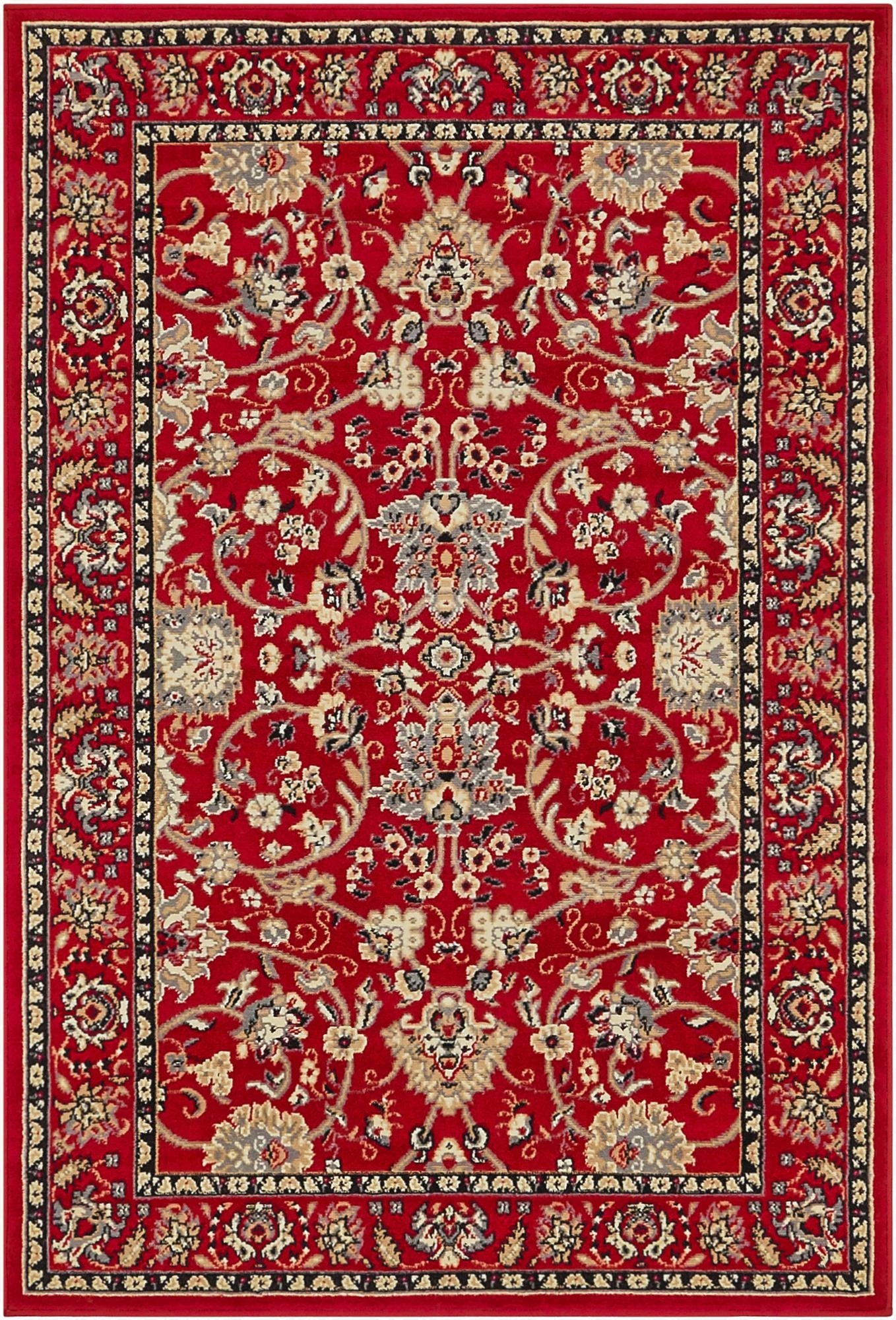 A 4x6 rectangular red traditional rug with an ornate floral and oriental pattern in beige, grey, and black.