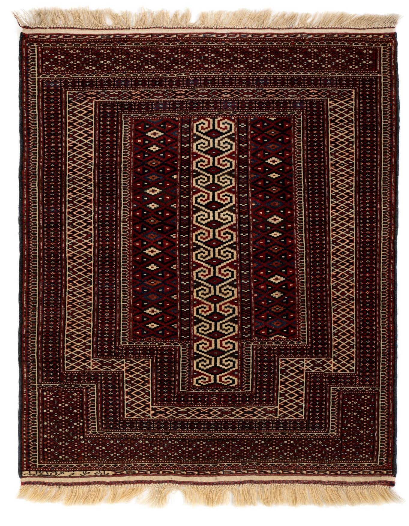 A 3x4 rectangular Yomauth Persian rug in deep reds, featuring intricate geometric and medallion patterns with cream and dark accents, handmade from 100% wool.
