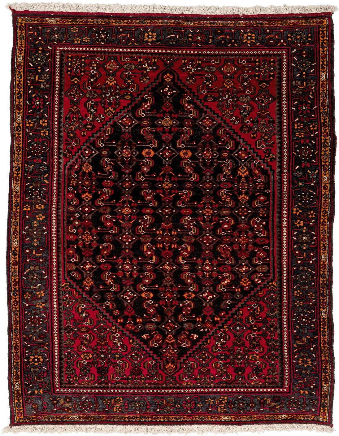 A 4x6 rectangular red wool rug with a black central medallion and intricate traditional patterns, suitable for a living room.