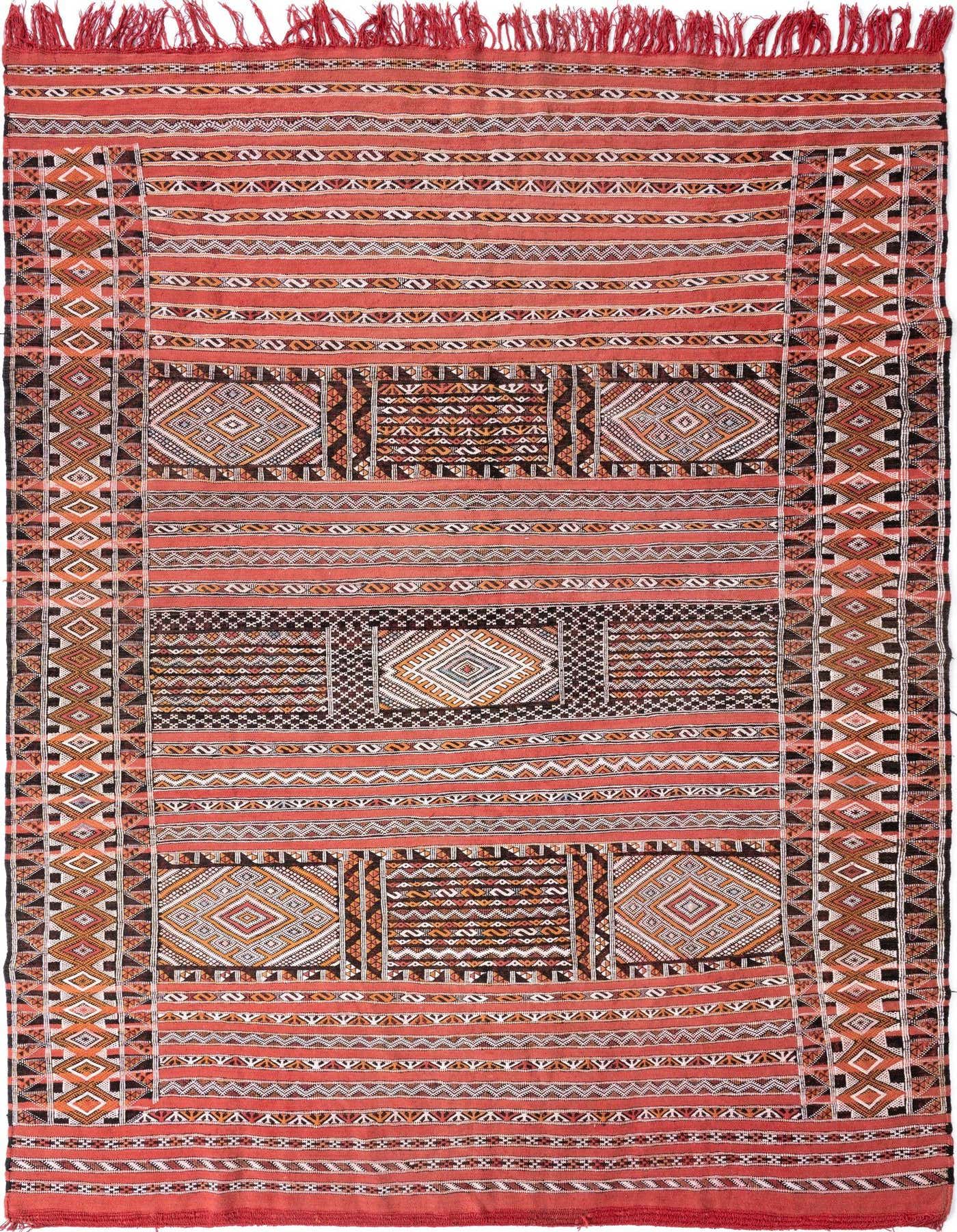 A 6x9 rectangular Zemour Kilim rug with a tribal Persian pattern in shades of red, brown, and white, featuring geometric motifs and fringe.