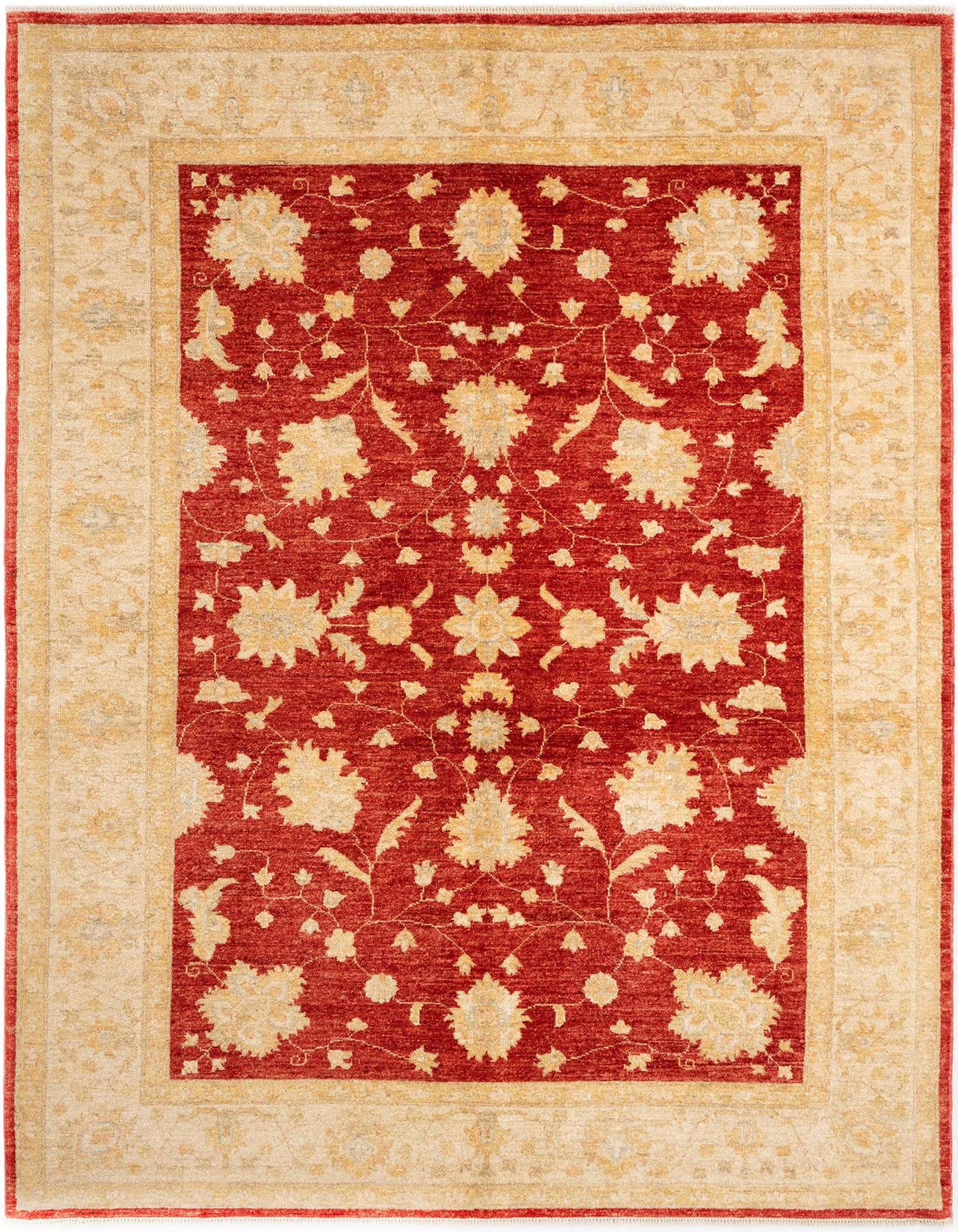 A 5x8 rectangular Ziegler Persian rug featuring a rich red field with intricate gold floral patterns and a wide, ornate gold border.