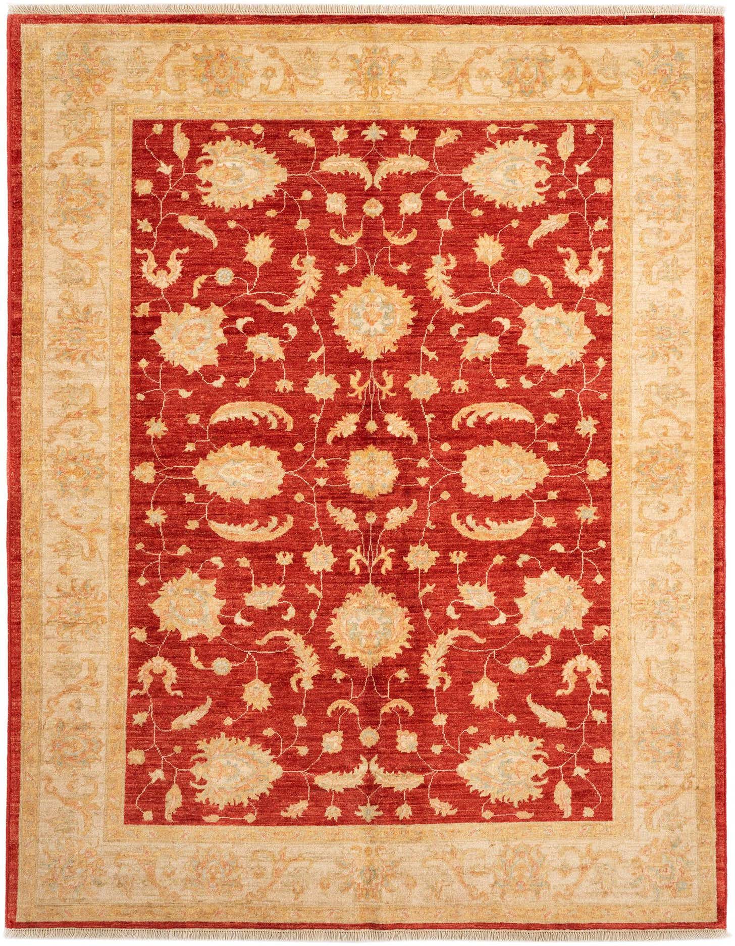 A 5x8 rectangular red Persian rug with an intricate gold and beige floral pattern and border.