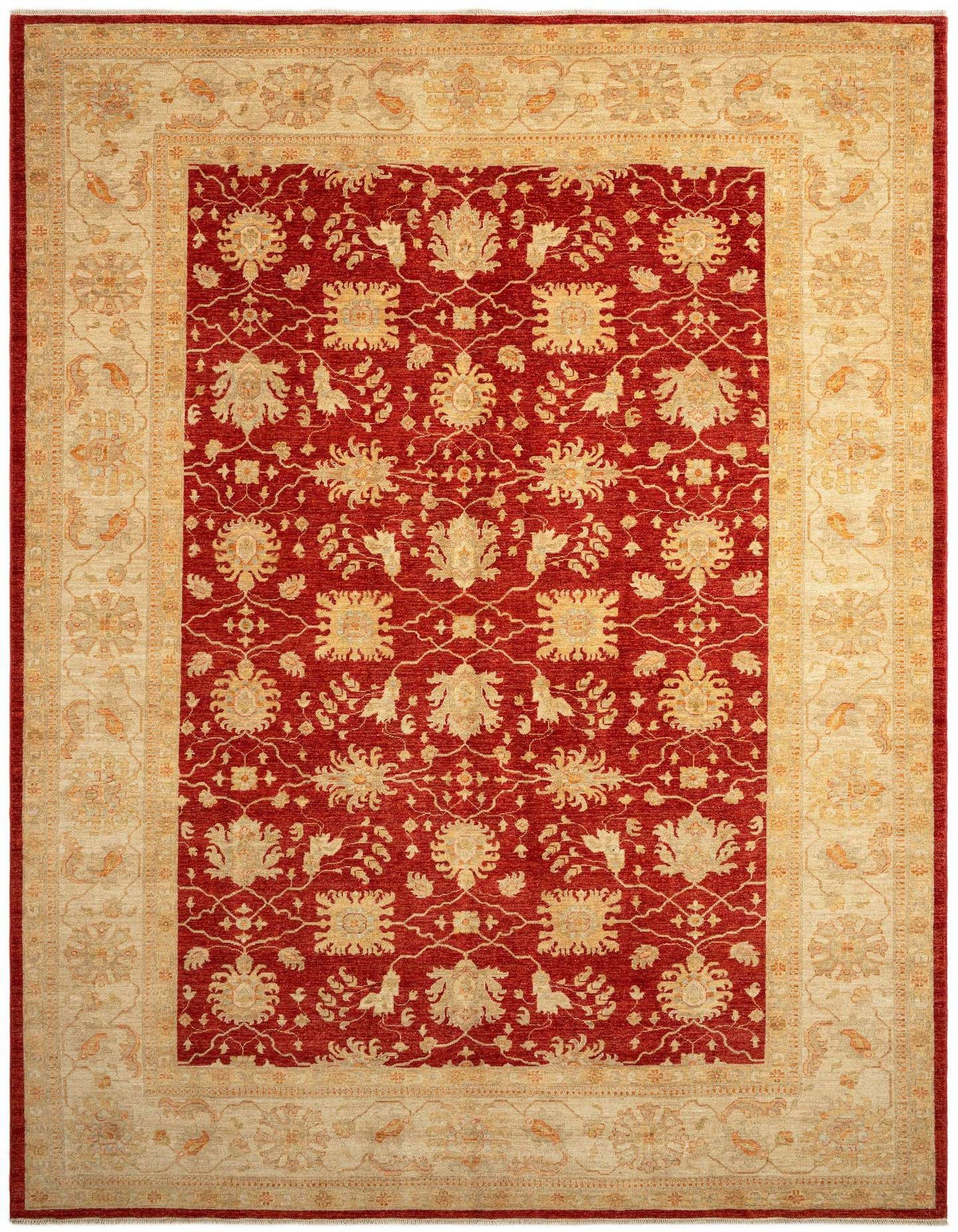 A 9x12 rectangular Ziegler Persian rug in rich red with an intricate beige floral border and central pattern, ideal for a living room.