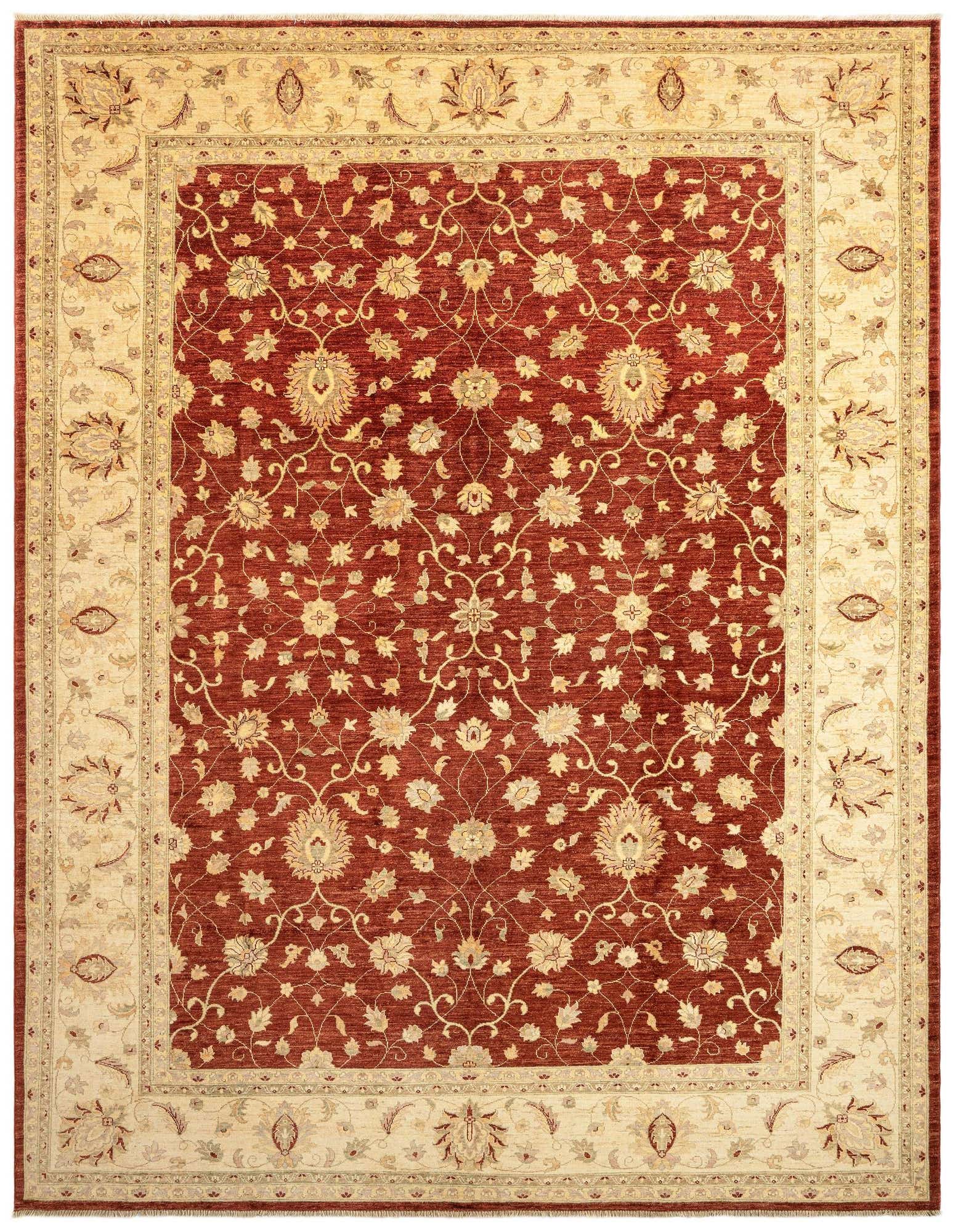 A 9x12 rectangular Ziegler Persian rug featuring a rich red field with intricate floral patterns and a wide cream border.