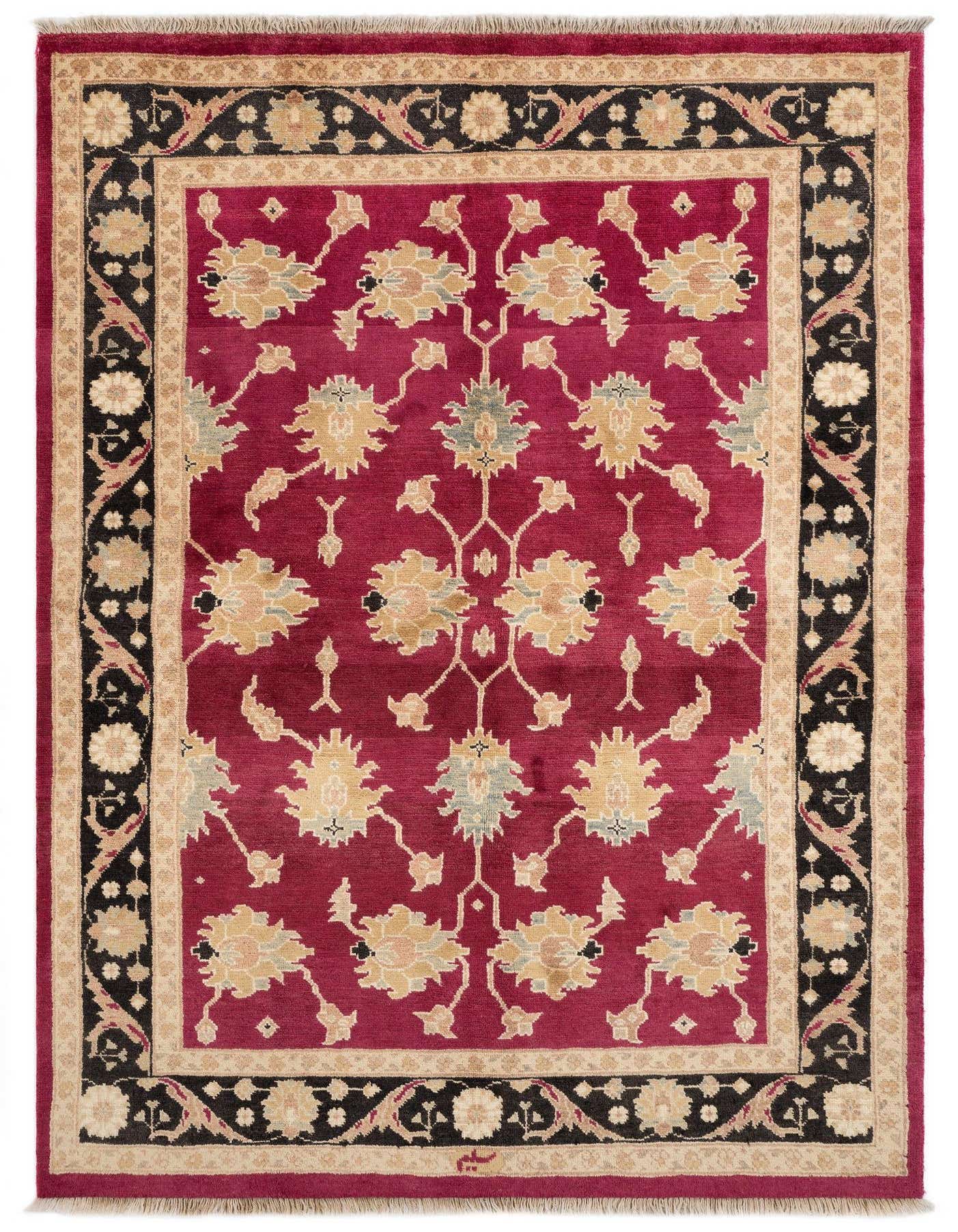 A 5x8 rectangular red Oriental rug with a detailed floral pattern in gold, black, and beige, featuring a medium pile.