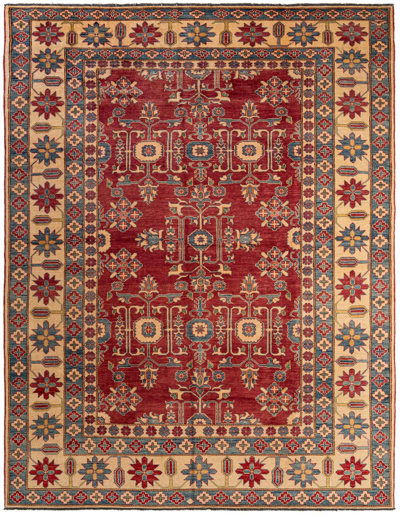 A rectangular 8x12 Ziegler rug featuring a deep red field with intricate floral and geometric patterns in blue, gold, and cream, framed by a wide border.
