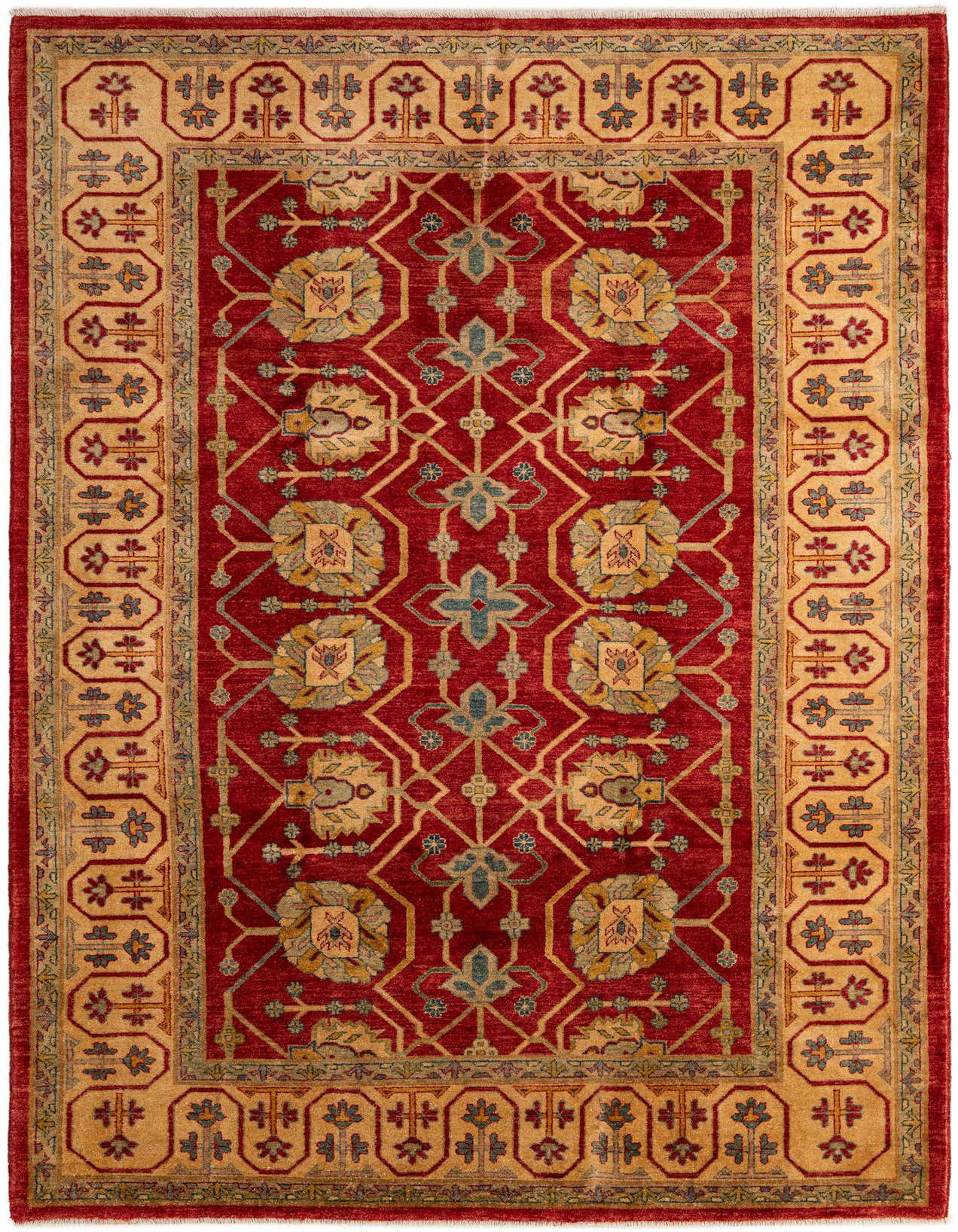 A 7x10 rectangular Ziegler rug in traditional Oriental style, featuring a rich red field with intricate gold and blue floral patterns, framed by a wide gold border.