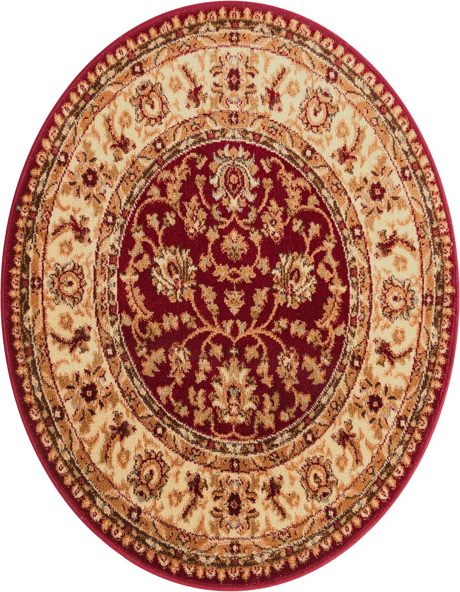 A 3' 0 x 3' 0 round Aditi rug featuring a traditional Oriental floral pattern in deep reds and cream.