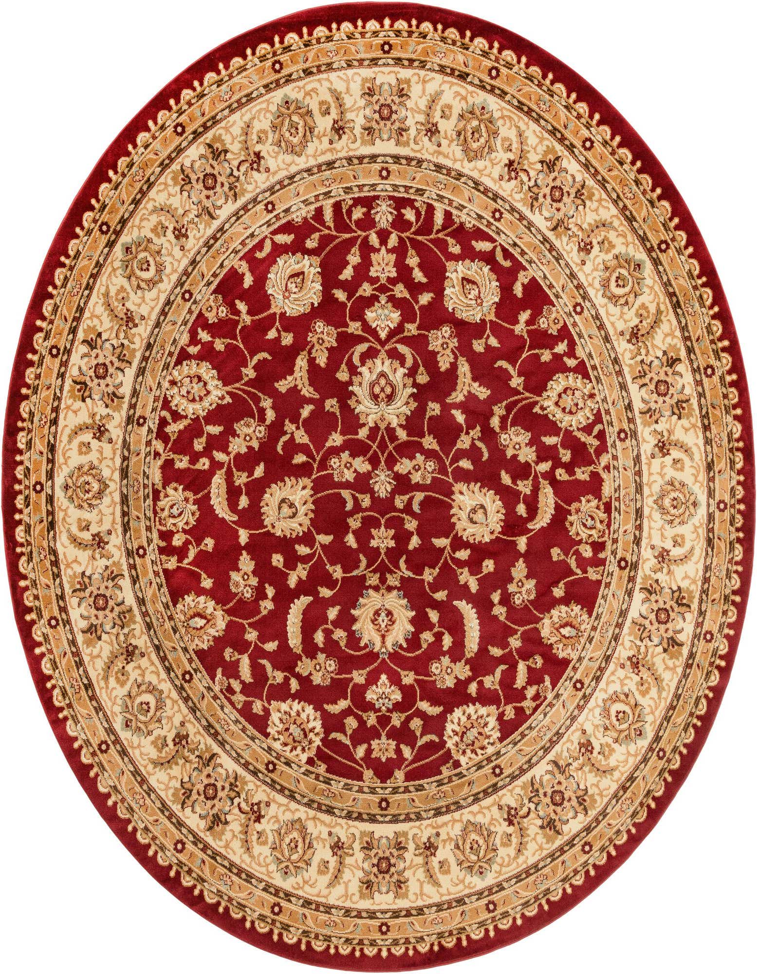 A 10-foot round Aditi rug in deep red with an intricate cream and gold traditional floral pattern and a detailed border.