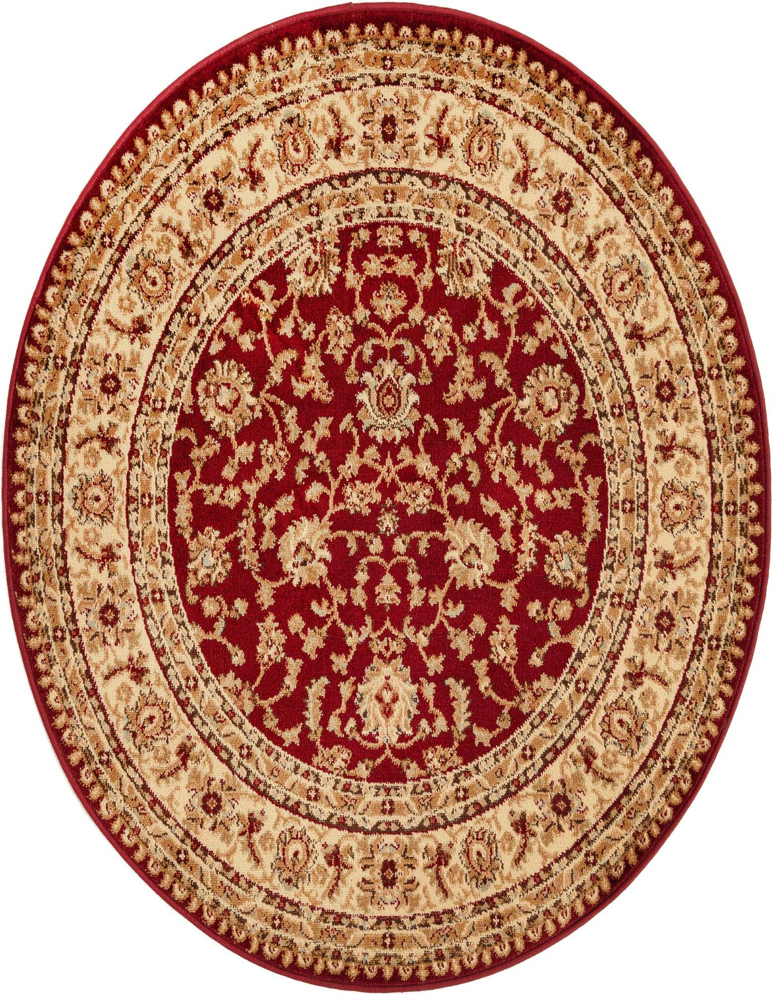 A 4' round red and beige traditional Oriental floral rug with a thin pile, suitable for indoor use.