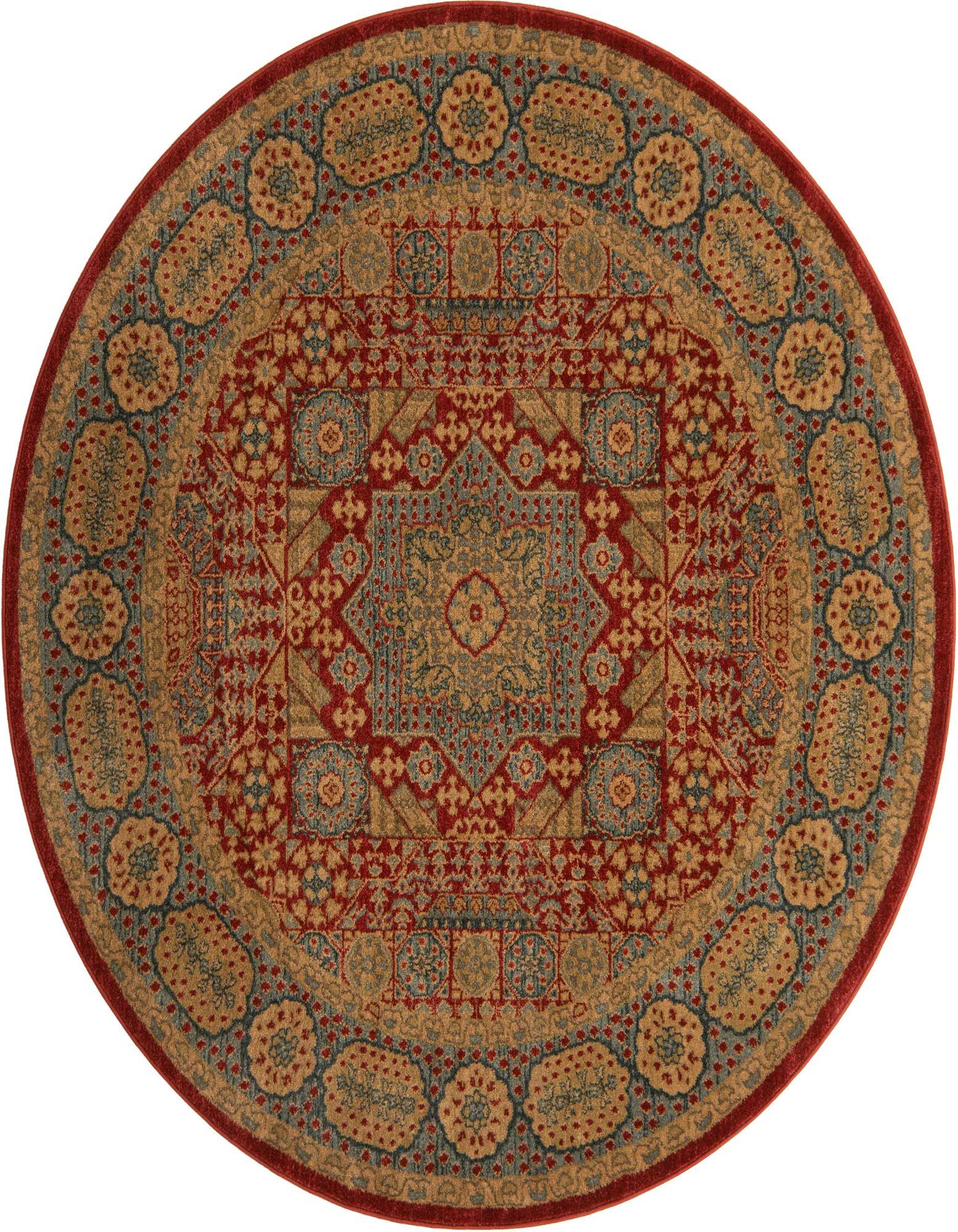 A 6' round red, gold, and blue medallion rug with a traditional Bohemian pattern, perfect for an indoor living space.