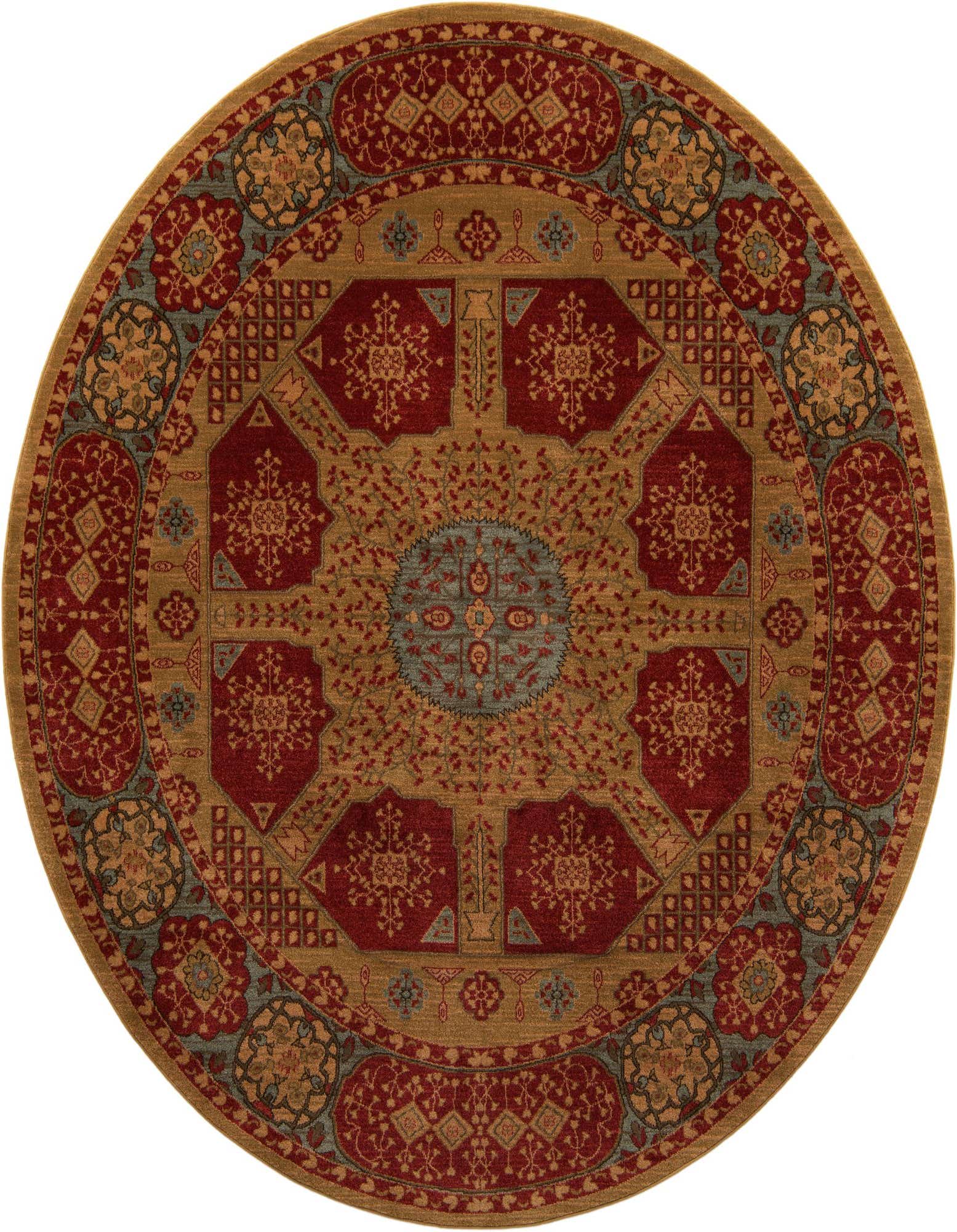 A round red and gold traditional rug with a central medallion and intricate tribal patterns, ideal for an indoor living space.