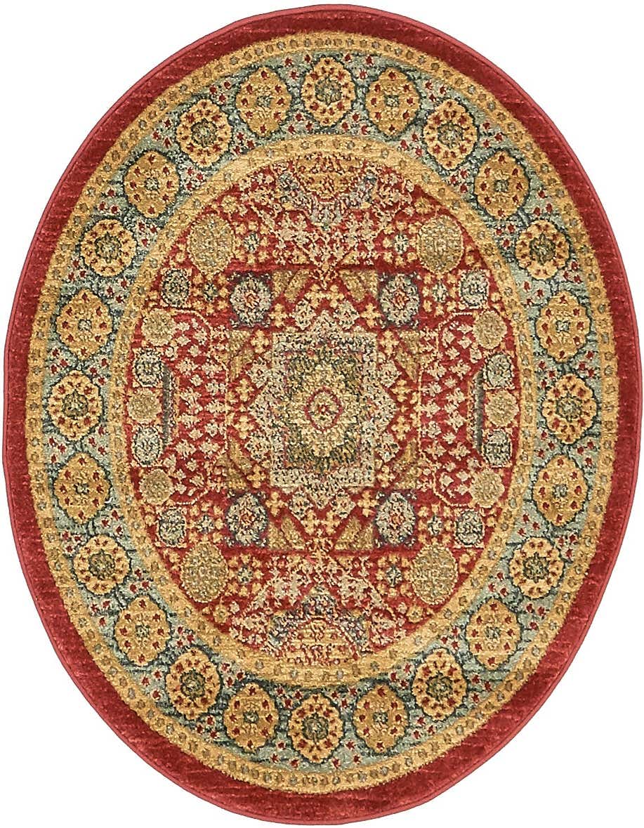 A 3' 3 round red bohemian rug with a central medallion and intricate patterns in gold, blue, and cream.