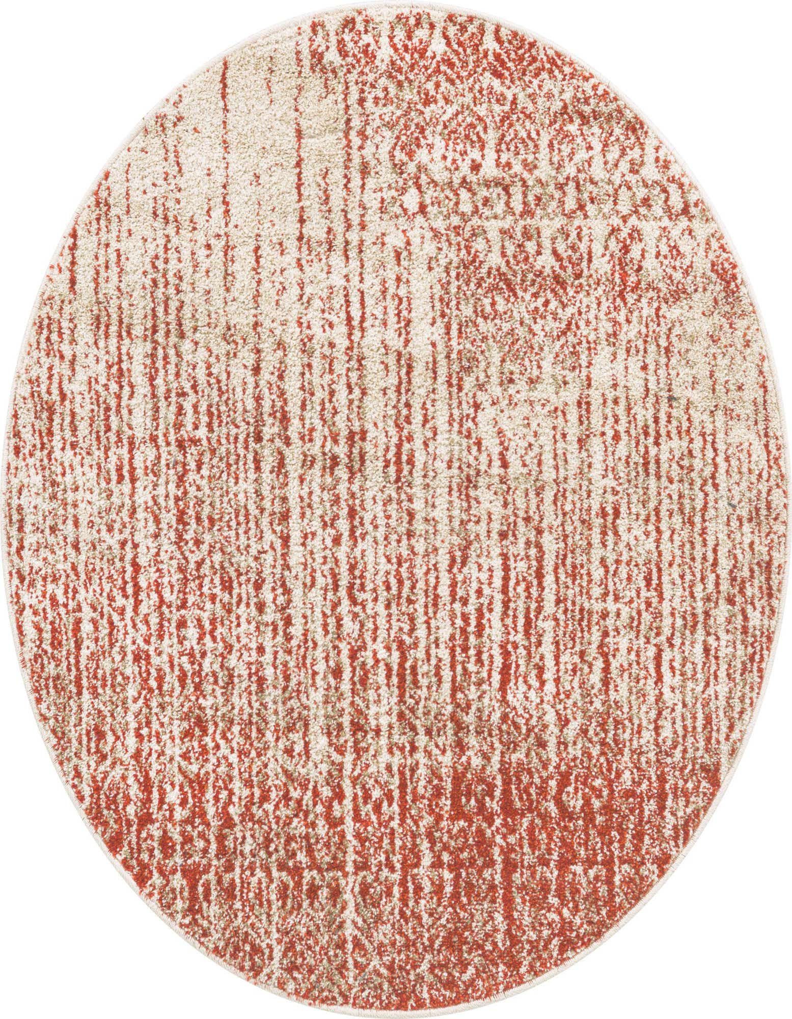 A 4' round transitional rug with an abstract pattern in shades of red and cream, ideal for indoor spaces.