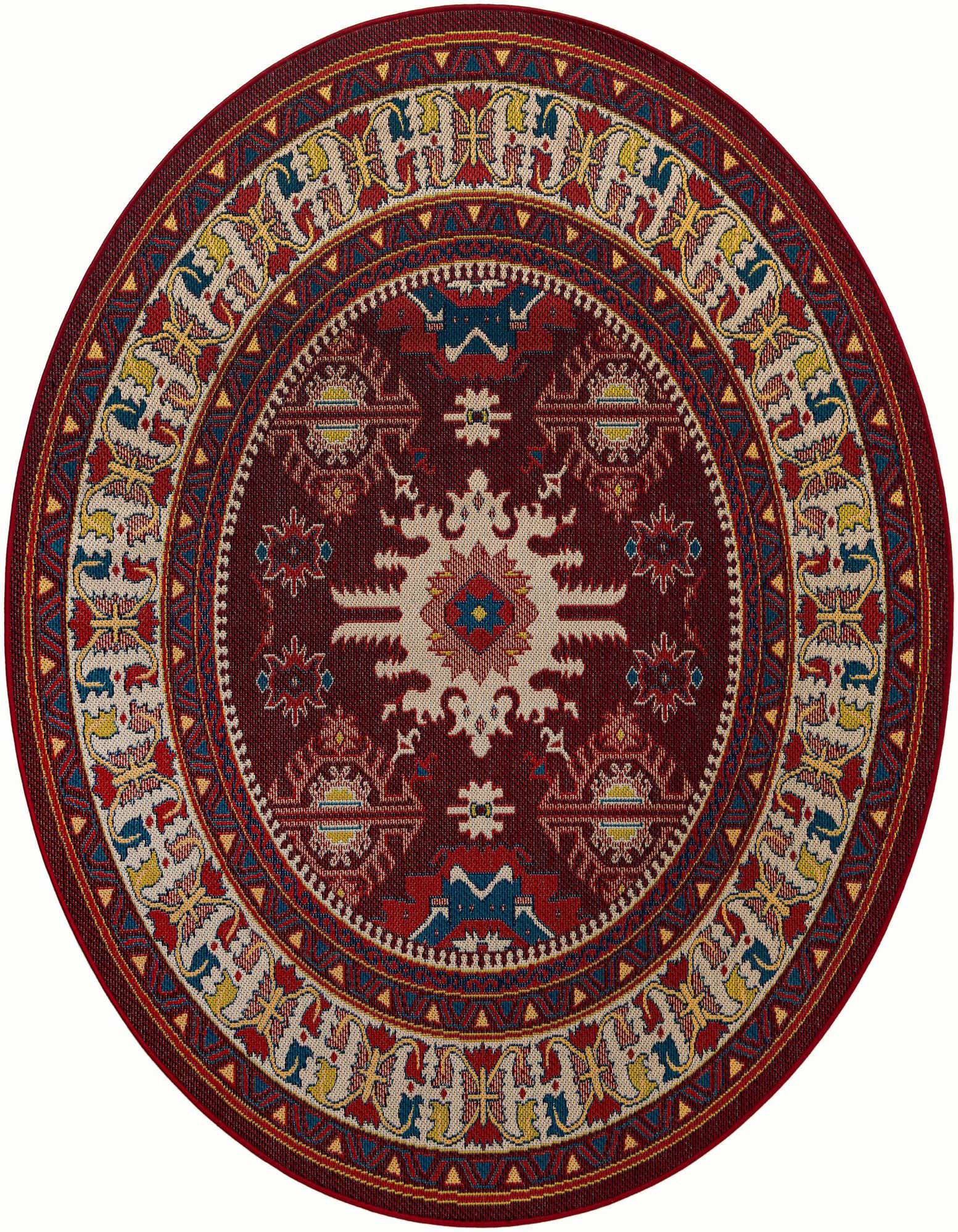 A 7' 10 round red traditional rug with an oriental medallion pattern in blue, yellow, and beige, suitable for indoor or outdoor use.