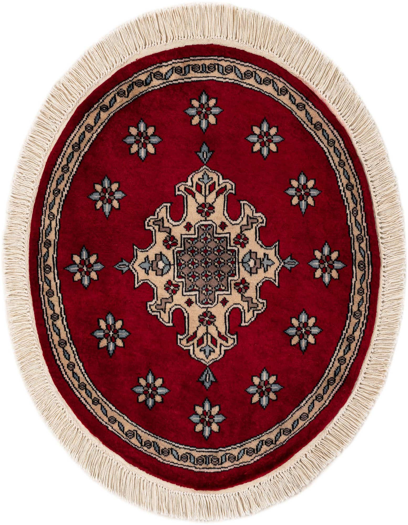 A 2' 6 x 2' 9 round red Bokhara rug with a traditional tribal pattern and cream fringe.