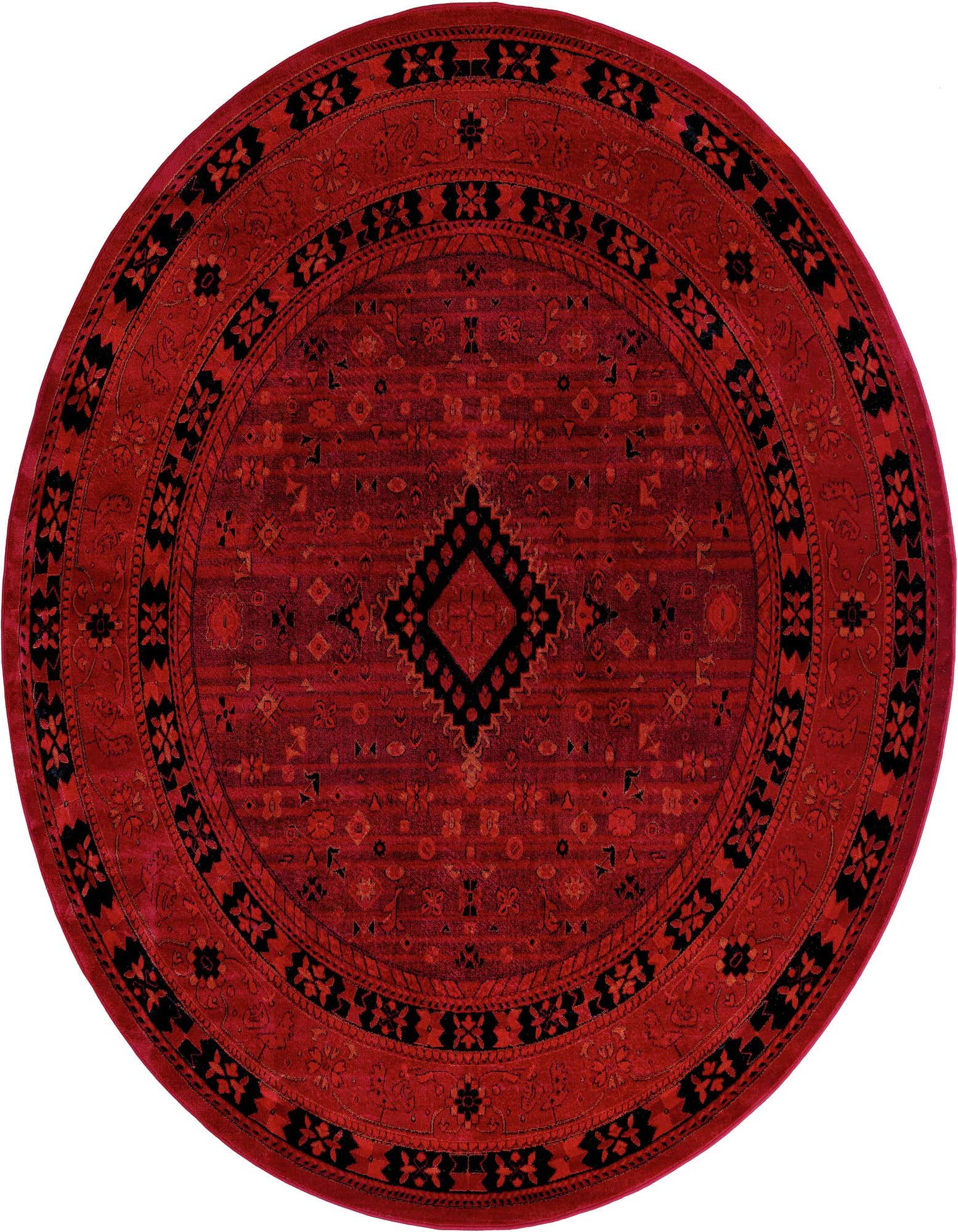 A 7' 10 round red Bokhara rug with a black tribal medallion pattern and intricate border.