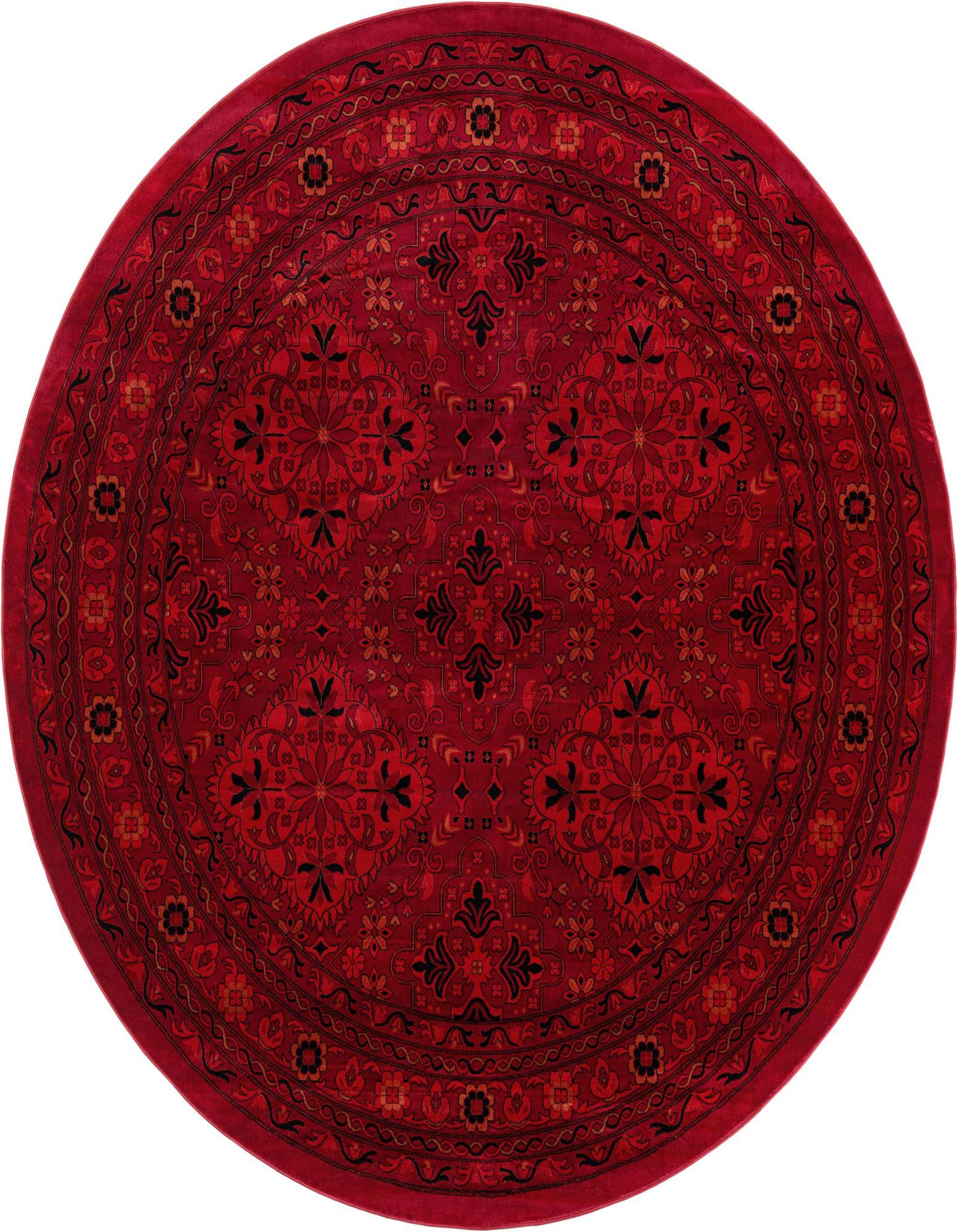 A 10-foot round Rugs.com Bokhara rug in deep red with intricate black and gold traditional medallion and floral patterns.