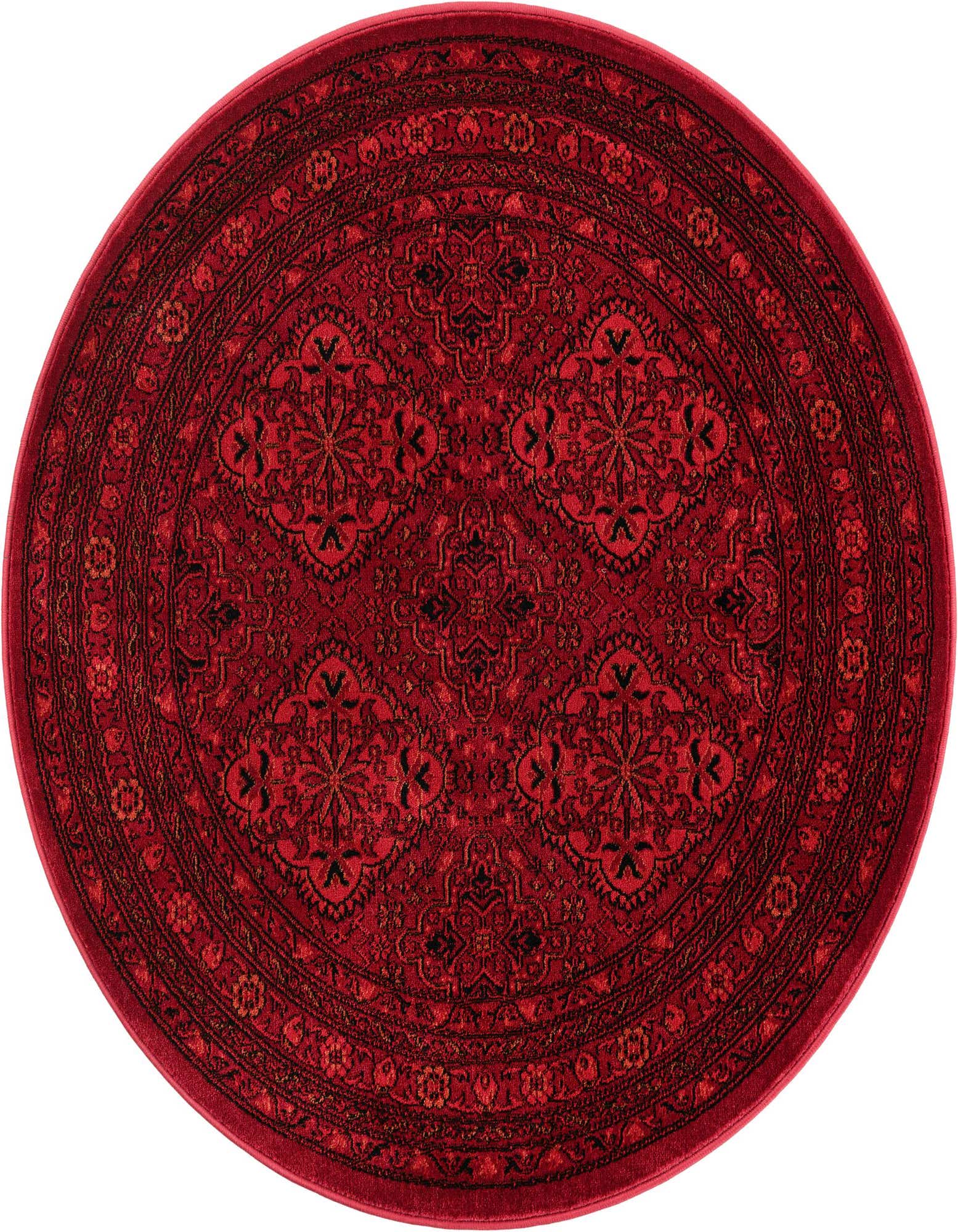 A 4' 1 round red Bokhara rug with intricate black and red traditional medallion patterns, suitable for indoor spaces.