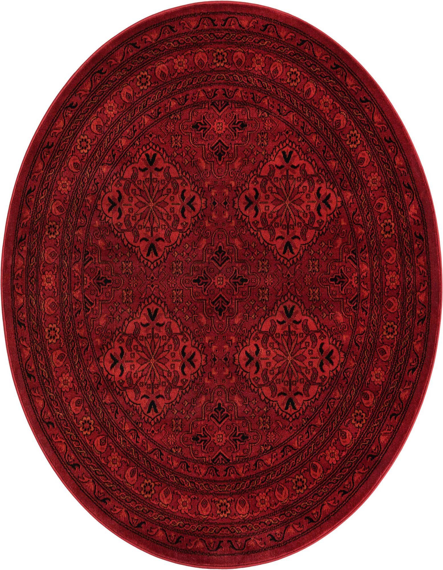 A 5' 3 round red Bokhara rug with a traditional medallion and tribal patterns in darker red and black.
