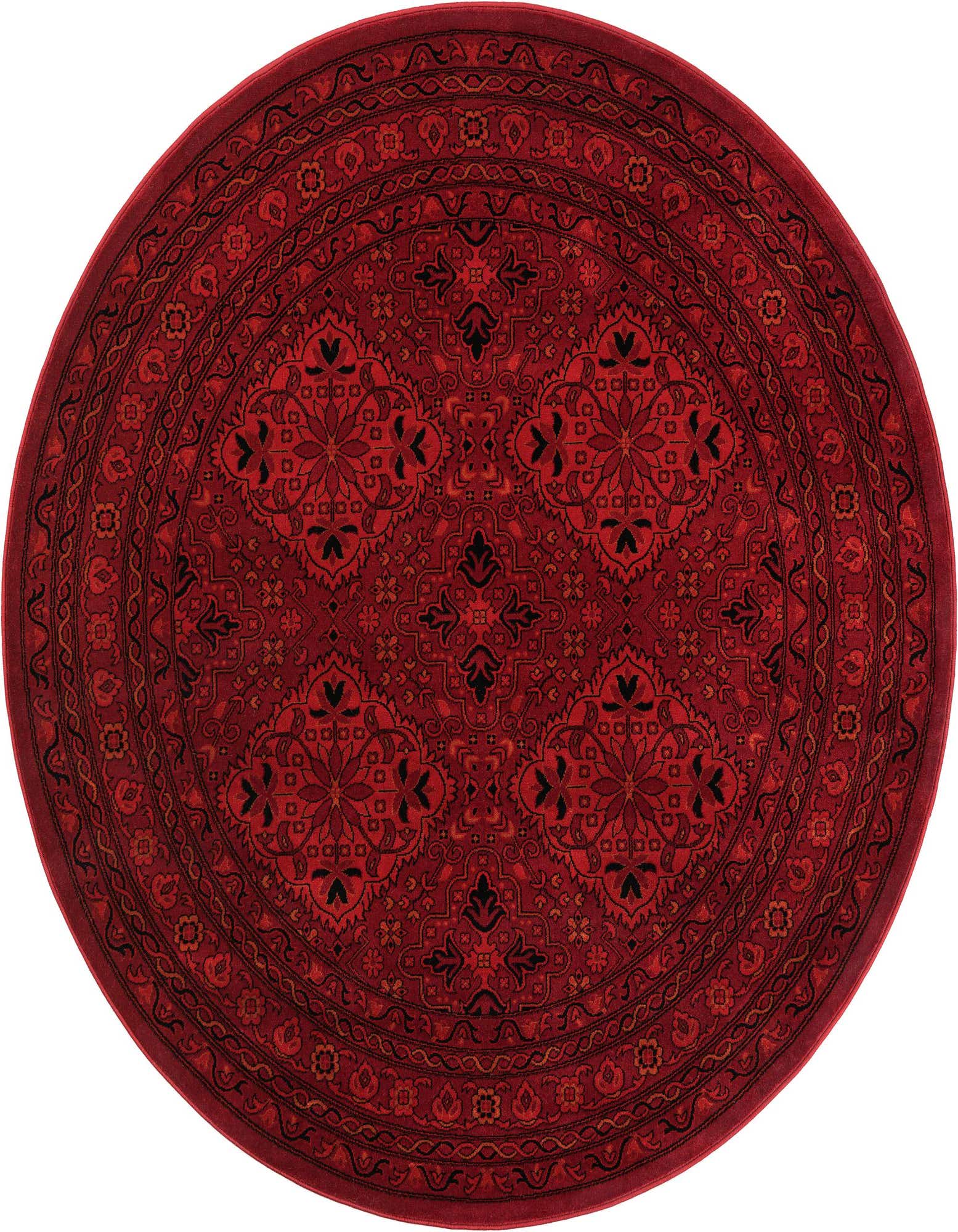 A 6' 1 round red traditional Bokhara rug with a central medallion and intricate tribal patterns.