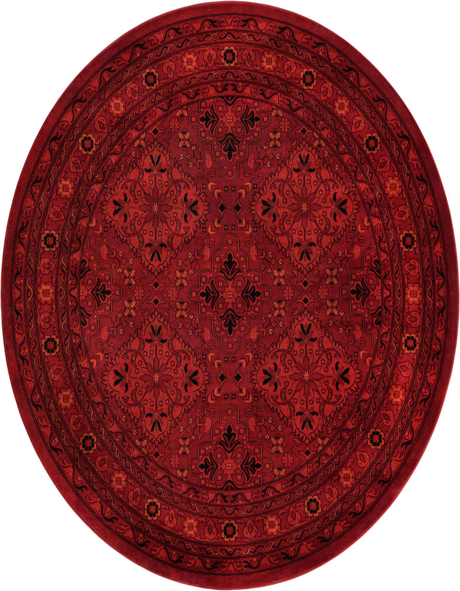 A 7' 10 round red traditional rug with intricate black and orange medallion and floral patterns, ideal for indoor spaces.